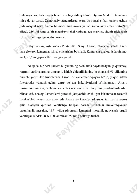 hida vaziyat tubdan o'zgardi. professional fotosuratchilar asta-sekin raqamli kameralarga o'tishni boshladilar, raqamli kamera ancha qulayroq va sifati analogdan kam emasligiga rozi bo'lishdi. raqamli fotografiya uskunalari narxi esa oddiyroq bo'ldi. xo'sh, raqamli kamera va analog (kino) kamera o'rtasidagi farq nima? kameraning asosiy qismlaridan biri fotosensitiv elementdir. agar kinokamerada bu to'g'ridan-to'g'ri plyonka bo'lsa, raqamli kamerada bu ccd matritsasi. kino va raqamli kameralarga xos bo'lgan yana bir element - bu ob'ektiv (optika). shuni esda tutish kerakki, kameraning optik qismi matritsadan kam emas, balki undan ham muhimroqdir. shuningdek, raqamli kamerada matritsa tomonidan qabul qilingan yorug'lik oqimini qayta ishlovchi va uni tayyor tasvirga aylantirib, uni kamera xotirasida yoki xotira kartasida saqlaydigan elektron qism mavjud. xotira kartasi kameraning olinadigan qismi bo'lib, unda olingan fotosuratlar saqlanadi. kameraning ushbu qismlarini alohida ko'rib chiqing. matritsa kamerani tanlashda bilish muhim bo'lgan bir nechta xususiyatlarga ega. matritsa fotosensitiv elementlardan - piksellardan iborat. ishlab chiqaruvchilarning reklama kompaniyalari tomonidan tarqalgan juda katta noto'g'ri …