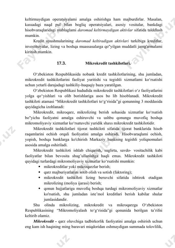 redit uyushmalari aktiv operatsiyalari - bu passiv operatsiyalar natijasida shakllantirilgan moliyaviy mablaglami tegishli foydani shakllantirish maqsadida samarali maqsadlarga joylashtirishi bilan bogliq faoliyati majmuidir. kredit uyushmalari aktiv operatsiyalari iqtisodiy mohiyatidan kelib chiqqan holda moddiy va nommoddiy aktivlarga, riskli va risksiz aktivlarga, daromad keltiradigan va daromad keltirmaydigan aktivlar sifatida guruhlash mumkin. kredit uyushmalarining moddiy aktivlariga bevosita qiymat va buyum ko‘rinishida mavjud bolgan aktivlar kiradi. masalan, kassadagi naqd pullar, kreditlar, asosiy vositalar shular jumlasidandir. nomoddiy aktivlarga kredit uyushmasini faoliyatini tashkil etish uchun sotib olingan dasturiy mahsullar, gudvill va boshqa shu kabilami kiritish mumkin. malumki, kredit muassasalari tomonidan amalga oshirilayotgan barcha operatsiyalaming asosiy qismi bevosita risk bilan bogliq. shuningdek, kredit uyushmalarining faoliyati ham bundan holi emas. shu jihatdan ulaming aktiv operatsiyalari ham riskli va risksiz aktivlardan iboratdir. kredit uyushmalarining riskli operatsiyalari bevosita ulaming daromadlarini shakllan- tirish bilan bogliq operatsiyalari jarayonida vujudga kelib, risk darajasi qanchalik yuqori bolsa ulaming daromadlari hajmi ham shu darajada yuqori …