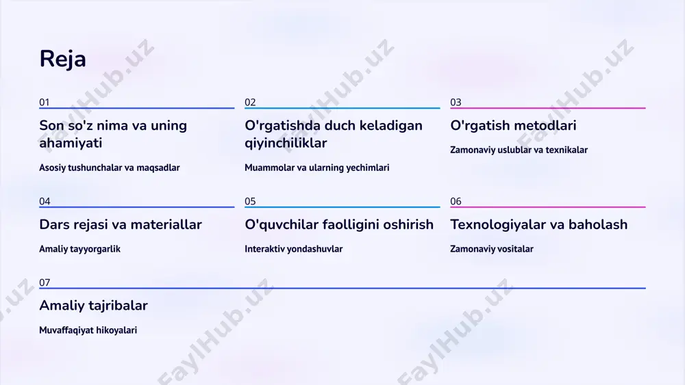 a o'rganish. o'yinlar va interaktiv mashg'ulotlar "son topish" o'yini o'quvchilar sonlarni topib, gapda to'g'ri ishlatishni o'rganadilar. bu o'yin grammatik ko'nikmalarni rivojlantirishga yordam beradi. raqamlar bilan vazifalar raqamlar ketma-ketligini tuzish va matematik mantiqni rivojlantirish. guruhda ishlash ko'nikmalarini mustahkamlash. guruhda hikoya yaratish raqamlar asosida qiziqarli hikoyalar tuzish matematik charades harakatlar orqali sonlarni ifodalash o'yini hamkorlikda o'rganish guruh ishlarida son so'zlarni o'rganish o'quvchilarning ijtimoiy ko'nikmalarini ham rivojlantiradi va o'rganish samaradorligini oshiradi. 3-bob: dars rejasi va o'quv materiallari kirish bosqichi mavzuni tanishtirish, o'quvchilarning e'tiborini jalb qilish va oldingi bilimlarni eslatib o'tish tushuntirish yangi materiallarni bosqichma-bosqich tushuntirish, misollar keltirish va ko'rsatish mustahkamlash amaliy mashqlar, o'yinlar va individual ishlar orqali bilimlarni puxtalash nazorat o'zlashtirilgan bilimlarni tekshirish va baholash jarayoni qiziqarli va qulay materiallar tayyorlash o'quvchilarning darsga bo'lgan qiziqishini oshiradi va o'rganish jarayonini samarali qiladi. misol: "bir, ikki, uch" mavzusida dars rejasi 1 kirish (5 daqiqa) son tushunchasini kundalik hayot bilan bog'lab so'zlab berish. o'quvchilar bilan qisqa …