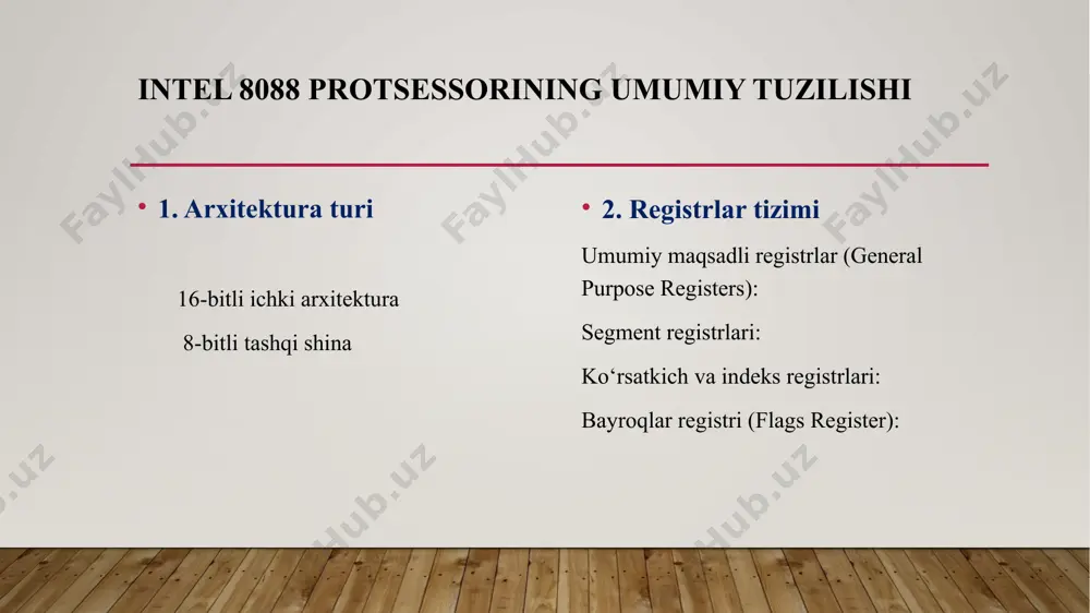 uch xil shina turidan foydalanadi: ma'lumotlar shinasi (data bus): 8 bitli bo‘lib, ma’lumotlarni tashqi qurilmalardan o‘qish va yozish uchun ishlatiladi. manzil shinasi (address bus): 20 bitli bo‘lib, 1 mb xotirani manzillash imkonini beradi. xotira va periferik qurilmalarning manzillarini aniqlaydi. boshqaruv shinasi (control bus): operatsiyalarni boshqarish uchun signal uzatadi. misol: rd (o‘qish), wr (yozish), ready (tayyorlik holati). ma’lumot almashinuvi jarayoni intel 8088 protsessori tashqi qurilmalar bilan ishlashda quyidagi jarayonlardan foydalanadi: 1. o‘qish (read) jarayoni protsessor rd (read) signalini jo‘natadi. tashqi qurilma yoki xotira protsessorga kerakli ma’lumotni uzatadi. 2. yozish (write) jarayoni protsessor ma’lumotni ma'lumotlar shinasi orqali tashqi qurilmaga yoki xotiraga uzatadi. wr (write) signali yozish jarayonini amalga oshirish uchun ishlatiladi. 3. tayyorlik signali (ready) agar tashqi qurilma yoki xotira ma’lumot almashish uchun tayyor bo‘lmasa, ready signali protsessorni kutishga majbur qiladi. bu protsessorni sinxronlashtirish uchun ishlatiladi. xulosa: intel 8088 protsessori 1979 yilda intel kompaniyasi tomonidan ishlab chiqarilgan bo‘lib, zamonaviy kompyuterlar rivojlanishida muhim …