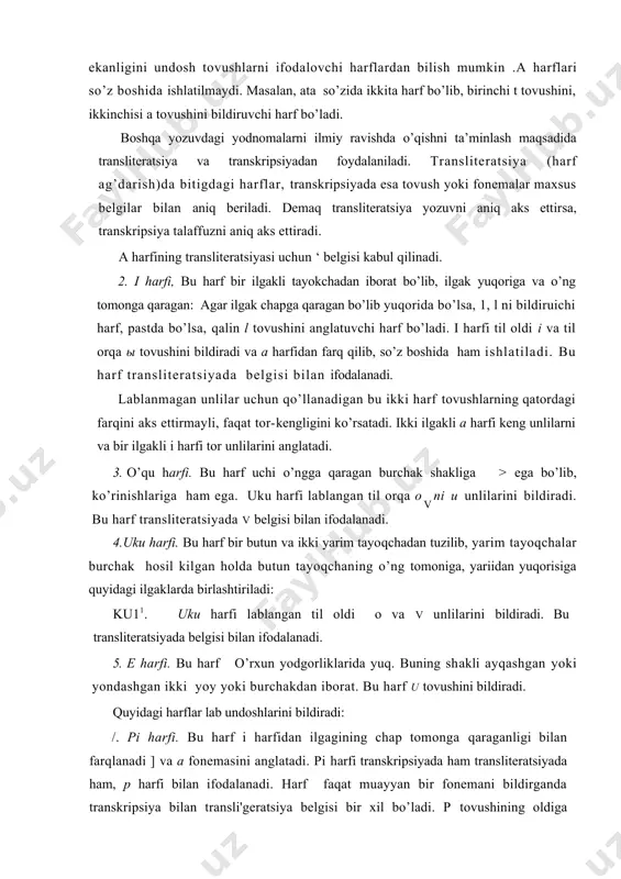 oldi o va v unlilarini bildiradi. bu transliteratsiyada belgisi bilan ifodalanadi. 5. e harfi. bu harf o’rxun yodgorliklarida yuq. buning shakli ayqashgan yoki yondashgan ikki yoy yoki burchakdan iborat. bu harf u tovushini bildiradi. quyidagi harflar lab undoshlarini bildiradi: /. pi harfi. bu harf i harfidan ilgagining chap tomonga qaraganligi bilan farqlanadi ] va a fonemasini anglatadi. pi harfi transkripsiyada ham transliteratsiyada ham, p harfi bilan ifodalanadi. harf faqat muayyan bir fonemani bildirganda transkripsiya bilan transli'geratsiya belgisi bir xil bo’ladi. p tovushining oldiga lablangan unli qo’shib talaffuz qilinadigan harf ham bor. o’p harfi bo’lib, b k shakllariga ega. bu transliteratsiyada p harfi bilan beriladi. 2. a6 harfi. bu harfning asosiy ko’rinishi shaklida bo’lib,enisey yodnomalarida tik va yotiq (6 ) shakllariga ega. ab harfi b fonemasining qalin variantini bildiradi. undoshlarning qalin variantini bildiruvchi harflarga esa ikki raqami qo’yib ifodalanadi. shuning uchun ab harfi 6 fonemasining ingichka variantini anglatadi. chap tomondagi birinchi …