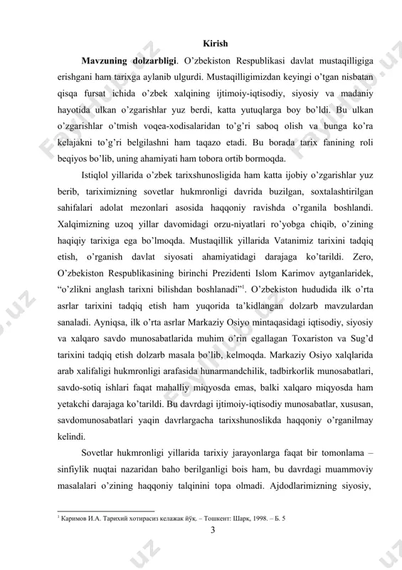 ar o’rinlidir. mavzuning maqsad va vazifalari. tadqiqot uchun tanlangan mavzuning dolzarbligidan kelib chiqib, ilk o’rta asrlarda sug’d va toxariston konfederasiyasidagi ijtimoiy-siyosiy, davlat boshqaruvini tarixiy manbalar, mavzuga oid yangi ilmiy adabiyotlar asosida o’rganish, muammoni milliy istiqlol mafkurasi talablari darajasida tahlil etish tadqiqot maqsadini tashkil etadi. ushbu maqsaddan kelib chiqqan holda tadqiqotda quyidagi vazifalarni hal etish belgilandi: · ilk o’rta asrlarda sug’d va toxariston hududida kechgan siyosiy jarayonlarning o’ziga xos tomonlarini o’rganish; · turk xoqonligi va arablar istelosi davrida sug’d va toxariston boshqaruvini tahlil qilish; · toxariston aholisining ijtimoiy hayotiga doir ma’lumotlar to’plash va o’rganish; · ilk o’rta asrlarda sug’d va toxariston konfederasiyasidagi iqtisodiy munosabatlarni tahlil qilish; · о’rganilgan masalalar, ma’lumotlarni nazariy jihatdan umumlashtirish asosida ushbu mavzuni keng va atroflicha tadqiq etish yuzasidan amaliy tavsiyalar berish. mavzuning obekti va predmeti. tadqiqot obektini ilk o’rta asrlar sug’d va toxaristonda kechgan ijtimoiy-siyosiy munosabatlar tashkil qiladi. sug’d va toxaristonning ilk o’rta asrlar davridagi ijtimoiy-siyosiy munosabatlarning …