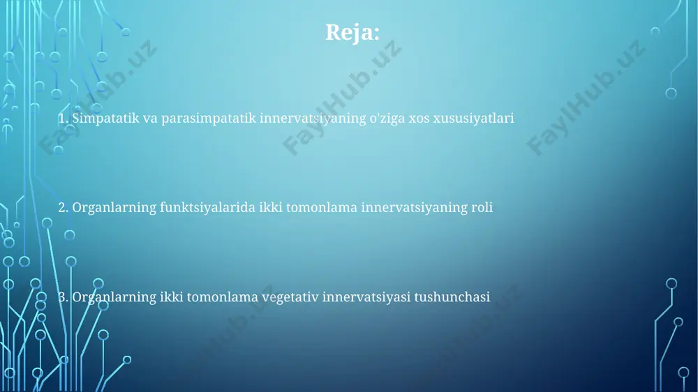 ing 140/90 mm hg dan oshishi kabi patologik holatlarga olib kelishi mumkin. organlarning ikki tomonlama innervatsiyasi parasimpatik va simpatik nerv sistemalari o'rtasidagi muvozanatni saqlashda muhim rol o'ynaydi, bu esa yurak urishi tezligini 60-100 urish/minut oralig'ida ushlab turishga yordam beradi. o'pkada ikki tomonlama innervatsiya o'pkaning ikki tomonlama innervatsiyasi simpatik va parasimpatik nerv tizimlari orqali amalga oshiriladi, bu esa nafas olish tezligi va hajmiga 2-3 xil ta'sir ko'rsatadi. o'pka to'qimalarining 70% gacha bo'lgan qismi vagus nervi (parasimpatik) tomonidan, qolgan qismi esa simpatik nerv tizimi orqali innervatsiyalanadi, bu esa bronxiolardagi tonusni tartibga soladi. o'pka innervatsiyasi jarayonida afferent nerv tolalari ham muhim rol o'ynaydi, ular nafas olish tizimidan markaziy nerv tizimiga 1000 dan ortiq turli xil sensorli ma'lumotlarni uzatadi. klinik ahamiyati va qo'llanilishi yurak-qon tomir sistemasining 30% patologiyalarida, masalan, arterial gipertenziya yoki taxikardiyada, vegetativ innervatsiyaning disbalansi muhim rol o'ynaydi. ikki tomonlama vegetativ innervatsiyaning buzilishi 20% dan ortiq gastrointestinal kasalliklar, masalan, gastrit yoki kolitning rivojlanishiga …