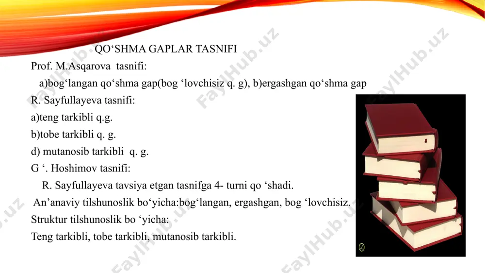 qiynalmaydi. (kimki qiynalsa, u qiynalmaydi.) savollar: ergash gap deb nimaga aytiladi? ergash gapning necha turi bor? ega ergash gapni bog‘lovchi vositalar qaysi? kesim ergash gapning o‘ziga xosligi nimada? hol ergash gapning turlarini ayting? aniqlovchi ergash gaplarga misol keltiring? bosh gap tarkibidagi to‘ldiruvchi vazifasidagi olmosh ifodalanmagan ergashgan qo‘shma gapga misol keltiring? bosh gap tarkibida ifodalanmagan to‘ldiruvchini izohlab kelgan ergash gapga misol keltiring? ergash gapni bosh gapga bosh gapga bog‘lovchi eng faol vosita qaysi? ergashgan qo ‘shma gaplar borasida ilmiy tadqiqotlar olib brogan olimlarni ayting? e’tiboringiz uchun rahmat! image2.png image3.jpeg image4.jpeg image5.jpeg image6.jpeg image7.jpeg image1.png /docprops/thumbnail.jpeg