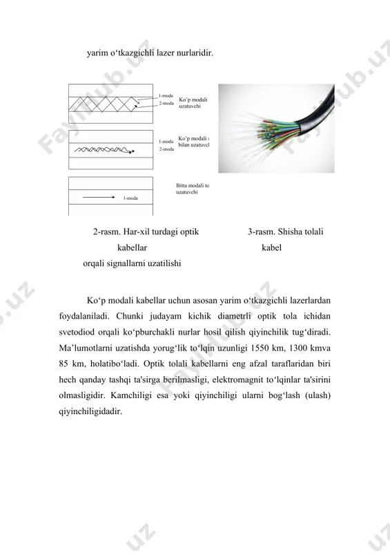 olalar turi qoʻllanilgan. ushbu turdagikabellarda tolalarning soni 24 tagacha boʻladi. kabel diametri 7.6 mm, ogʻirligi 55 kg/km, tortilish kuchi 80 kg*s(kg*kuch). mumkin boʻlgan egilish radiusi 150 mm. shuningdek, a-vb(bn)h 1x24 rusumli kabellardan xam foydalaniladi. bu kabellar kirishlarda qoʻllaniladi. bitta modulda tashqi qobigʻi jips (zich) joylashtirilgan optic tolalari boʻlib, ularni diametri 900 mkm gacha boʻladi (12.6-rasm). 5-rasm. a-dq(bn)h 1x12 rusumli kabel 6-rasm. a-vb(bn)h 1x24 rusumli kabel kabel himoya qobigʻi kuchaytirilgan 24 tatolali modul 1 ga, stekloplastikdan qilingan qattiqlovchi element 2, yongʻindan himoyalaydigan qobiq 3, suv qochiradigan qobiq 4 ga ega. kabel rusumi quyidagicha sharhlanadi: a – tashqi yotqazish kabeli; v – bir modulli konstruksiya; b – himoya qobig`i kuchaytirilgan tolalar; (bn) – stekloplastikli qattiqlovchi element; n – galogensiz qobiq; 1x24 – 24 tolali bitta modul. tolalar turi yuqorida qayd etilgan konstruksiyalarga oʻxshaydi. tolalarning maksimal soni 24 ta boʻlishi mumkin. kabel diametri 9.2 mm, vazni 78 kg/km, tortilish kuchi 110 kg*kuchdan kam …