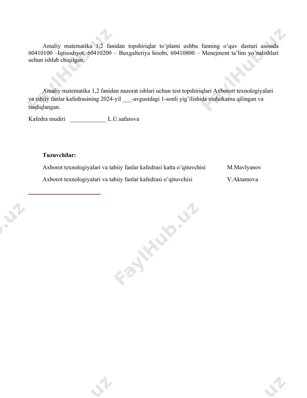 zgarmaydi. 2) agar determinant satrlari elementlari o`rnini ularga mos ustun elementlari bilan almashtirsa, uning qiymati o`zgarmaydi. 3) ikkita bir xil satrli (yoki ustunli ) determinant qiymati nolga teng. 4) satrdagi (yoki ustundagi ) umumiy ko`paytuvchini determinant belgisidan tashqariga chiqarib yozish mumkin. 6 quyidagi tasdiqlarning qaysi biri har doim to'g'ri? 1) ikkita matritsani qo'shish (ayirish) uchun ularning o'lchamlari bir xil bo'lishi kerak 2) ikkita matritsaning ko'paymasi kvadrat matritsa bo'ladi 3) ikkita matritsani ko'paytirish uchun ularning o'lchamlari bir xil bo'lishi kerak 4) ikkita matritsani bo'lish uchun ularning o'lchamlari bir xil bo'lishi kerak 7 agar matritsaning ustunlar soni satrlar soniga ten bo'lsa bunday matritsaga ... deyiladi. 1) kvadrat matritsa 2) ustun matritsa 3) satr matritsa 4) teskari matritsa 8 teskari matritsa uchun quyidagi tasdiqlarning qaysi biri o'rinli? 1) a*a-1=a-1*a=e 2) a*a-1=a-1*a=0 3) a*a-1=a-1*a=1 4) a*a-1=a-1*a=a 9 n-tartibli kvadrat detirminantning i-satri va j-ustunini o'chirishdan hosil bo'lgan n-1 tartibli detirminantga nima deb ataladi? 1) algebraik …