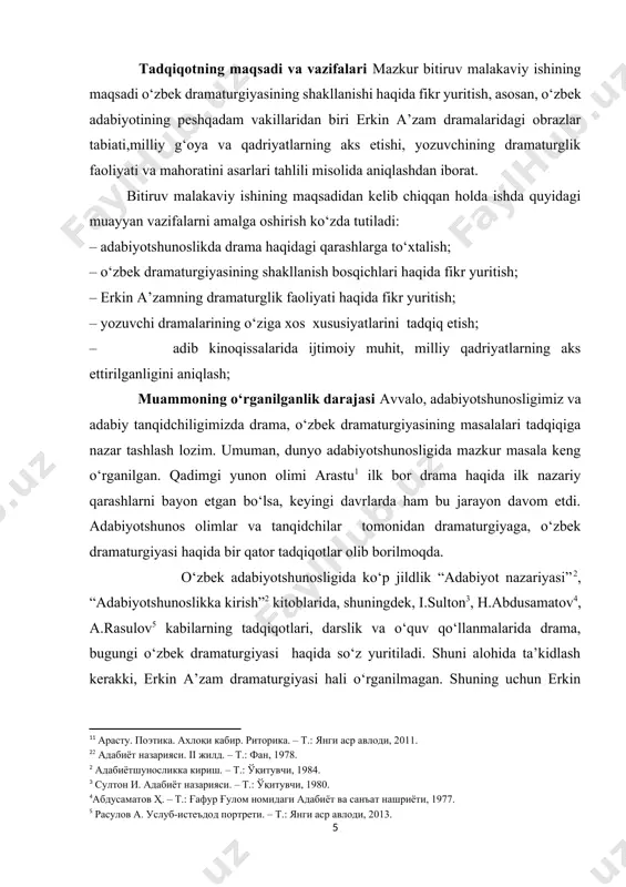 ”, “zabarjad” kinoqissaslarida milliy qadriyatlarning aks etishi о‘rganildi. tadqiqot obyekti ва предмети mazkur bitiruv malakaviy ishining obyekti sifatida, asosan, erkin a’zamning “jannat о‘zi qaydadir” dramasi, “suv yoqalab”, “zabarjad” kinoqissalari belgilandi. adabiyotshunoslikda drama, о‘zbek dramaturgiyasining shakllanishi, erkin a’zamning drama va kinoqissalaridagi obrazlar tabiati, о‘ziga xosligi, milliy g‘oya masalalari, yozuvchining badiiy mahoratini о‘rganishdan iborat. tadqiqotning ilmiy va amaliy ahamiyati. ushbu bitiruv malakaviy ishi natijalarining ilmiy-amaliy ahamiyati quyidagilarda namoyon bо‘ladi: – bitiruv malakaviy ishidagi erkin a’zam dramalarini, kinoqissalarini о‘rganish, baholashdagi natijalar yozuvchi ijodining ma’lum bir qirralari, jihatlariga anqlik kiritadi va uni yanada boyitishga xizmat qiladi, adibning dramaturglik faoliyatini baholashda, keyingi tadqiqotlar uchun muhim manba bо‘lib xizmat qiladi; – tadqiqot natijalaridan oliy о‘quv yurtlari о‘zbek filologiyasi bakalavr bosqichi talabalari amaliy va seminar mashg‘ulotlarida foydalanishi mumkin. bitiruv malakaviy ishining tuzilishi va hajmi. tadqiqot kirish, ikki bob, tо‘rt fasl, xulosa, foydalanilgan adabiyotlar rо‘yxatidan iborat. bitiruv malakaviy ishiningning umumiy hajmi 60cahifani tashkil qiladi va 13ming 562 so‘zdar …