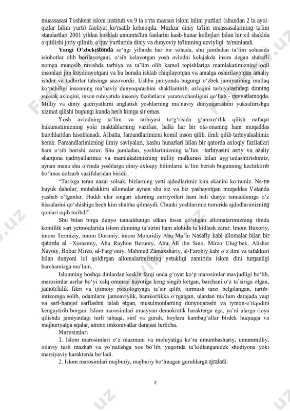 shladi. 1998 yildan diniy ta'lim muassasalari o'zbekiston respublikasi adliya vazirligi tomonidan qayta ro'yxatdan o'tkazilib, barcha madrasalar o'rta maxsus islom bilim yurti deb ataladigan bo'ldi. bugungi kunda respublikada 10 ta diniy ta'lim № 15 seminar mashg’ulot mavzu: dunyoviy va diniy bilimlar mutanosibligini ta’minlashning ahamiyati. ishning maqsadi: r e j a: . yangi o‘zbekistonda dunyoviy va diniy ta`lim-tarbiyaga munosabat, diniy ta`limning yo`nalishlari. 2. ibodat va diniy marosimlarning shaxs komolotidagi roli. 3. iymon va e’tiqodning shakillanishiga ijtimoiy muhitning ta`siri. 4. diniy plyuralizm, diniy tolerantlik, bag’rikenglikning shaxs kamoloti va e’tiqod erkinligini taminlashdagi roli. 5. dunyoviy hayot va diniy qadryatlarning mutanosibligiga erishishning yoshlar tarbiyasiga ta`siri. 2 muassasasi toshkent islom instituti va 9 ta o'rta maxsus islom bilim yurtlari (shundan 2 ta ayol- qizlar bilim yurti) faoliyat ko'rsatib kelmoqda. mazkur diniy ta'lim muassasalarining ta'lim standartlari 2001 yildan boshlab umumta'lim fanlarini kasb-hunar kollejlari bilan bir xil shaklda o'qitilishi joriy qilinib, o'quv yurtlarida diniy va dunyoviy ta'limning uzviyligi …