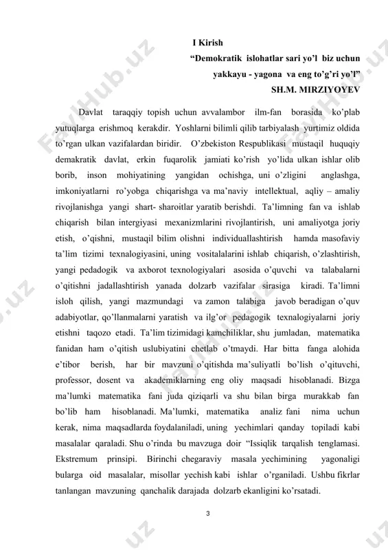 hasidagi ta’lim sifatini oshirish va ilmiy - tadqiqotlarni rivojlantirish chora-tadbirlari to’g’risida qarori. mamlakatimizda matematika 2020- yildagi ilm – fanni rivojlantirishning ustuvor yo’nalishlaridan biri sifatida belgilandi. o’tgan davr ichida matematika ilm – fani va ta’limini yangi sifat bosqichiga olib chiqishga qaratilgan qator tizimli ishlar amalga oshirildi. birinchidan, ilg’or ilmiy markazlarda faoliyat yuritayotgan vatandosh matematik olimlarning taklif qilinishi va xalqaro ilmiy- tadqiqotlar olib borilishi uchun zarur shart- sharoit yaratildi. ikkinchidan, xalqaro fan olimpiyadalarida g’olib bo’lgan yoshlarimiz va ularning murabbiy ustozlari mehnatini rag’batlantirish tizimi joriy etildi. uchinchidan, oliy ta’lim va ilmiy- tadqiqotlarning o’zaro integratsiyalashuvini ta’minlash maqsadida talabalar shaharchasi fanlar akademiyasining b.i .romanovskiy nomidagi matematika institutining ( keyingi o’rinlarda - institut ) yangi va zamonaviy binosi barpo etildi. matematika sohasidagi fundamental tadqiqotlarni moliyalashtirish hajmi bir yarim barobarga oshirildi, budjet mablag’lari hisobidan superkompyuter, zamonaviy texnika va asbob uskunalar harid qilindi. to’rtichidan, ilmiy darajali kadrlarni tayyorlashning birlamchi bosqichi sifatida stajor - tadqiqotlik institute joriy etildi. beshinchidan, …