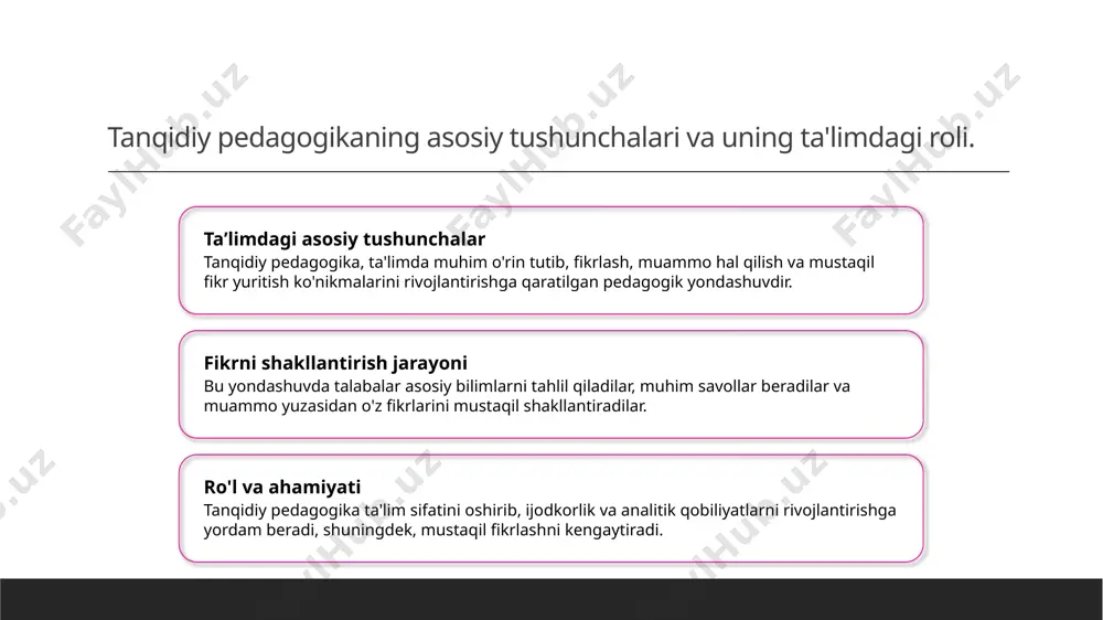 lim uchun muhim. innovatsion yondashuvlar va ta'limda kreativlikni rivojlantirishning asosiy prinsiplari 01 innovatsion yondashuvlar innovatsion yondashuvlar ta'limda yangi texnologiyalar, metodlar va usullarni joriy qilish orqali o'quv jarayonini yanada samarali va qiziqarli qilishga xizmat qiladi. bu yondashuvlar o'quvchilarning kreativ fikrlashini rivojlantiradi va muammolarni innovatsion tarzda hal qilish imkonini yaratadi. 02 kreativlikni rivojlantirish ta'limda kreativlikni rivojlantirish uchun o'quvchilarga mustaqil fikrlash, loyiha asosidagi ishlar va muvofiqlashtirilgan muhit taqdim etiladi. bu usullar orqali ular o'z fikrlarini erkin ifoda etib, yangi g'oyalar yaratishga o'rganadilar. 03 prinsiplar va asoslar innovatsion va kreativ ta'limda asosiy prinsiplarga moslashuvchanlik, interaktivlik va texnologiyadan foydalanish kiradi. bu prinsiplar o'quvchilarning qiziqishini oshiradi va zamonaviy ta'lim talablariga javob beradi. o'yin va simulyatsiyalar yordamida kreativ fikrlashni shakllantirish usullari 1 interaktiv o'yinlar o'yinlar va simulyatsiyalar orqali talabalarning kreativ fikrlash qobiliyatlari rivojlanadi. bu usul ularni muammolarni yangi yondashuv bilan hal qilishga o'rgatadi. 2 simulyatsion muhitlar real hayotdagi vaziyatlarni simulyatsiya qilish orqali talaba amaliy ko'nikmalarni egallaydi. bu …