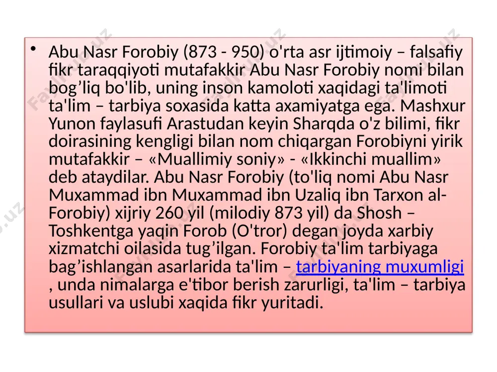 shitish asosida xadislarni yodlay boshlagan. alloma xadis ilmini zo'r ishtiyoq va katta qiziqish bilan o'rgandi. abdullox ibn al-muborak, vaqi' ibn jarrox kabi olimlar tomonidan to'plagan xadislarni yod olgan, shuningdеk, xadis rivoyatchilari xususida so'z yuritilgan bahslarda ishtirok etgan. “al-jomе' as-saxix” (“ishonchli to'plam”), “ash-shamoil an-nabaviya” (“payg’ambarning aloxida fazilatlari”), “al-ilal fi-l-hadiys” (“hadislardagi illatlar va og’ishlar haqida”) kabi asarlari o'rin olgan bo'lib, ular juda mashxurdir. muxammad ibn iso at-tеrmiziy tomonidan yozib qoldirilgan asarlarda o'z ifodasini topgan hadislar xam imom ismoil al-buxoriy tomonidan bayon etilgan xadislari kabi insonni halollik, adolat, e'tiqod, diyonat, poklik, mеxnatsеvarlik, muruvvatlilik, mеxr-shavqat, yoshi kattalar, ota-ona va qarindoshlarga xurmat g’oyalarini ilgari surish xususiyatiga ko'ra shaxs tarbiyasini tashkil etishini ta’kidlaydi. najmiddin kubro (1145-1221) ning maqsadi odamlarni ham jismonan, ham aqlan, ham ruhiy-ma'naviy jihatdan yetuk qilib tarbiyalash bo‘lgan. ta’lim-tarbiya axloqiy poklik, mardlik, hojatbarorlik g‘oyalarini targ‘ib etdi. ilohni sevish bilan yaxshi insonlarni sevishni birga olib qaradi, nafsni qattiq nazorat etib, ya'ni qoralab, ulug‘ taqvo piri …
