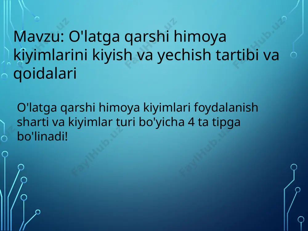 loqotda bo‘lganlar yotgan izolyatorda. v) bakteriologik laboratoriyada tozalash ishlari olib borilganda. o‘latga qarshi kostyumni kiyish tartibi. tibbiy ish kiyimni kiyish jarrohlik yoki anatomik qo'lqop kiyish kapyushon (qaytarma qalpoq) yoki qiyiq-ro‘mol kiyish o'latga qarshi xalat xalatning bog'ichlarini chap tomo bel qismidan bog'lash doka-marli maska og'iz burun to'liq va iyakning pastki qismidan yopishi kerak ko'zoynakni taqish paypoq kiyish rezina etik kiyish rezina qo'lqop kiying kamarga sochiqni quyish bir martalik kombinezon kiyish o'latga qarshi himoya kiyimini yechish tartibi o‘latga qarshi kostyum ish tugatilgandan so‘ng mahsus ajratilgan xonada yoki o‘sha xonada u to‘liq zararsizlantirilgandan so‘ng yechiladi. buning uchun yechinish xonasida quyidagilar bo‘lishi talab etiladi. a) xalat, qiyiq, sochiqni zararsizlantirish uchun dez. eritmali (lizol yoki xloramin) bak. b) qo‘l uchun dez.eritmali tog‘oracha v) ko‘zoynak va fonetsdoskoplarni zararsizlantirish uchun 70% li spirt solingan banka. g) paxtali-dokali niqobni zararsizlantirish uchun dez.eritmali yoki sovunli suv solingan kostryulkada uni 40 daqiqa davomida qaynatish ham mumkin. kostyumning barcha qismlarini to‘liq …