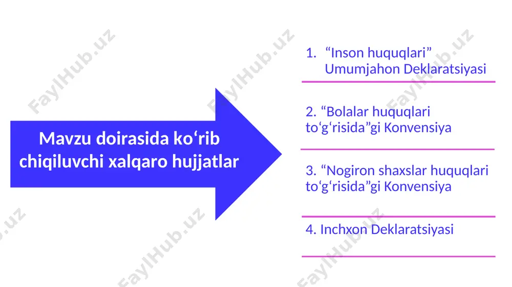 o‘ngilli tarzda zimmalariga mazkur kelishuv qoidalarini ma’muriy qonunchilik, sud va boshqa chora-tadbirlar yordamida hayotga tatbiq etish majburiyatini oldilar. konvensiya hamma bolalarni, shu qatori maxsus ehtiyojli bolalar huquqlarini ham himoya qiladi va qo‘llab-quvvatlaydi. aynan 2, 23, 28, 29 - moddalarda maxsus ehtiyojli bolalarning huquqlari belgilangan. 2-modda maxsus yordamga muhtoj bolalar uchun asosiy modda hisoblanadi. konvensiyaning 23-bandida maxsus ehtiyojli bolalarning ta’limi xususida quyidagicha ta’kidlangan: ishtirokchi davlatlar aqliy va jismoniy jihatdan yaxshi rivojlanmagan bola o‘zining qadr-qimmatini ta’minlaydigan, o‘ziga ishonch tug‘diradigan va uning jamiyat hayotidagi faol ishtirokini yengillashtiradigan sharoitlarda yashashlarini ta’minlaydilar”. maxsus ehtiyojli bolalrni umumta’lim muassasalari tizimida o‘qitish ularning haq-huquqlarini ta’minlaydi. bmtning 2006-yil 13-dekabrda qabul qilingan va 2008-yil 3-mayda kuchga kirgan “nogironlar huquqlari to‘g‘risida”gi konvensiyasida nogironlar shaxsiyatini hurmat qilish huquqining tug‘ilishi bilan mavjud bo‘lishi, nogironlikning kelib chiqishi, darajasidan qat’iy nazar, fuqaro o‘z yoshidagi tengdoshlari bilan bir xil huquqlarga ega bo‘lishi, ular mumkin qadar to‘laqonli yaxshi hayot kechirish huquqiga ham ega ekanliklari ta’kidlanadi. 3. “nogironlar …
