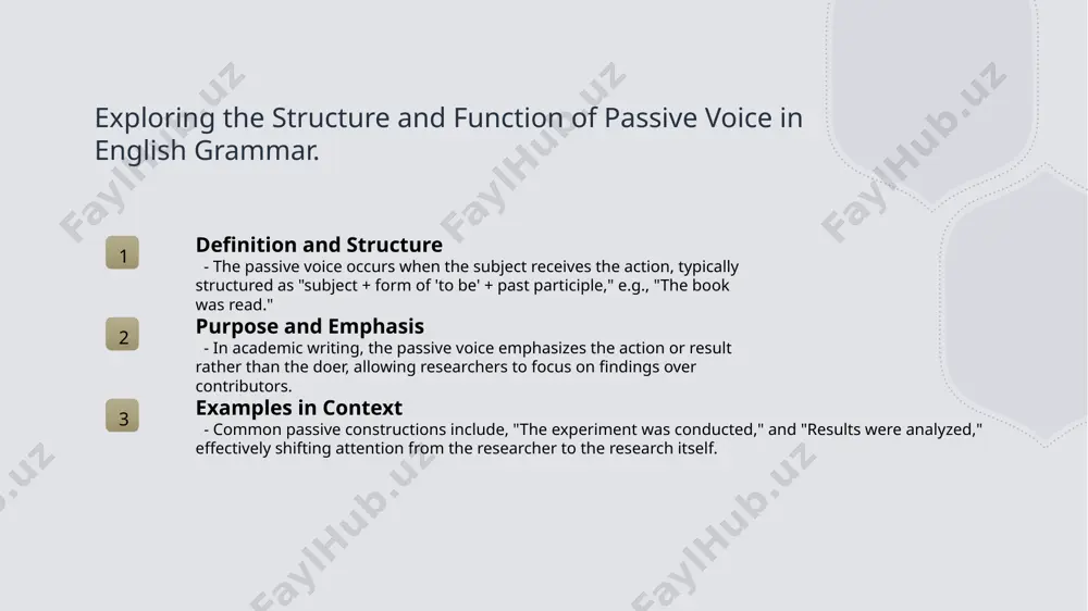 or effective scholarly communication and presentations. references 1. biber, d., conrad, s., & reppen, r. (2018). corpus linguistics: investigating language structure and use. cambridge university press, 2018. 2. hyland, k. (2019). academic discourse: english in a global context. continuum, 2019. 3. quirk, r., greenbaum, s., leech, g., & svartvik, j. (1985). a comprehensive grammar of the english language. longman, 1985. 4. görlach, m. (2018). the english language: a linguistic history. cambridge university press, 2018. 5. khan, m. a. (2020). the role of passive voice in uzbek language: a comparative study. journal of linguistic studies, 2020. thank you! /docprops/thumbnail.jpeg