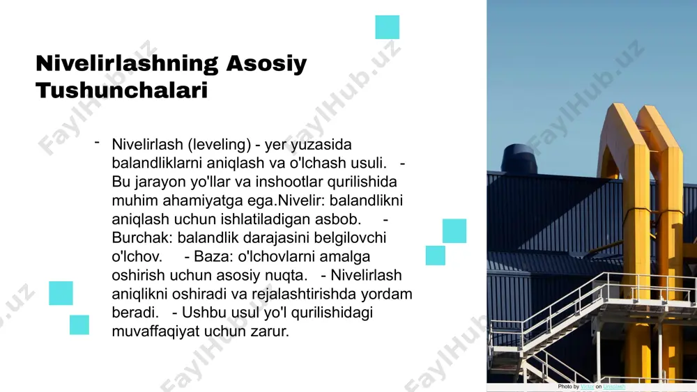 i yanada samarali bo'lishi kutilmoqda. shuningdek, avtomobil yo'llarini monitoring qilish uchun zamonaviy sensorlar va dasturiy ta'minotdan foydalanish ko'zda tutilmoqda, bu esa yo'l sifatini doimiy ravishda nazorat qilish imkonini beradi. nivelirlashning avtomobil yoʻllaridagi roli nivelirlash, avtomobil yoʻllarini qidirishda va loyihalashda muhim ahamiyatga ega. u yoʻlning xavfsizligini ta'minlash, qiyinchiliklarni oldini olish va transport vositalarining harakatini soddalashtirish uchun zarurdir. yoʻlning to‘g‘ri va aniq chizilishi, yo‘llarning uzluksizligini ta'minlaydi va avtotransportning harakatini yaxshilaydi. yoʻl loyihalash jarayonida nivelirlash juda muhim o‘rin tutadi. u yo‘lning balandligini, joylashuvini va qiyshiq burchaklarini aniqlashda yordam beradi. shuningdek, nivelirlash yoʻlning o'ziga xos xususiyatlarini belgilash va kerakli o'zgartirishlarni kiritish imkonini beradi. avtomobil yoʻllarini qurishda nivelirlashning amaliy qoʻllanilishi ko‘plab misollar bilan tasdiqlanishi mumkin. bunda, nivelirlash asboblari yordamida yo‘lning to‘g‘ri chizilishi va uning sifatini nazorat qilish amalga oshiriladi. bunda, har bir bosqichda to‘g‘ri o‘lchovlar olib borilishi va muammolarni aniqlash imkoniyati yaratiladi. nivelirlash usullari: asosiy tushunchalar nivelirlash usullari avtomobil yo'llarining to'g'ri va xavfsiz bo'lishini ta'minlash …