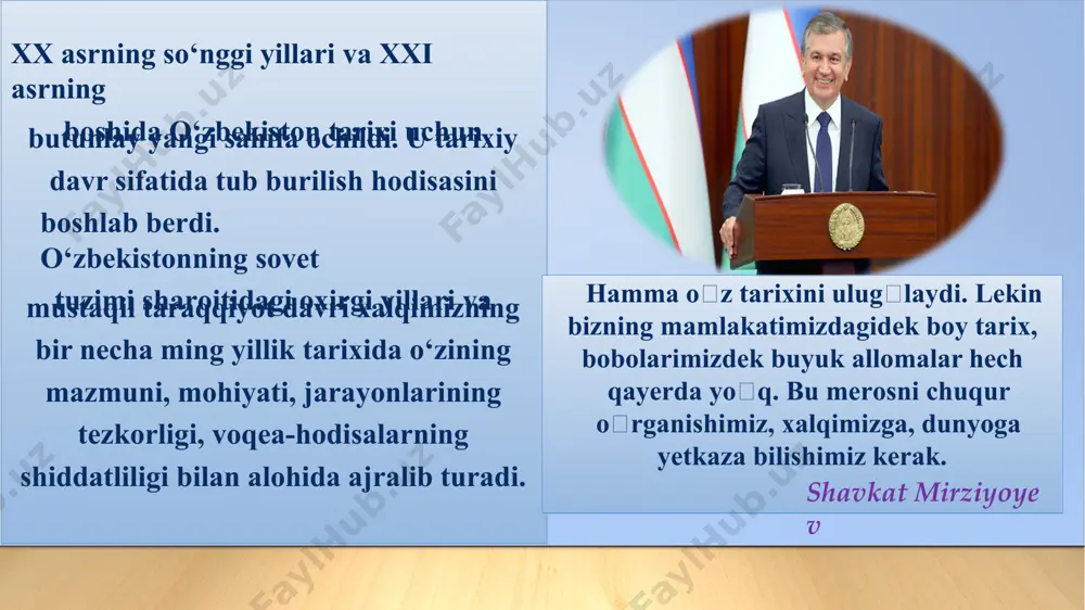 l2 iyun–o’zbekistonrespublikasidavlatgerbiqabulqilindi 1992 yil8 dekabr–o’zbekistonrespublikasidavlatkonstitutsiyasiqabul qilindi 1992 yil10 dekabr–o’zbekistonrespublikasidavlatmadhiyasiqabul qilindi 1994 yil1iyul–o’zbekistonrespublikasimilliyvalyuta–so’mmuomalaga kiritildi taraqqiyot strategiyasi– farovon kelajagimiz kafolati" sayyoramizning ertangi kuni, farovonligi farzandlarimiz qanday inson bo’libkamolga yetishi bilan bog’liq. bizninnig asosiy vazifamiz– yoshlarning o’z salohiyatini namoyon qilishi uchun zarur sharoitlar yaratishdan iborat. o’zbekiston respublikasi prezidenti shavkat mirziyoyevning bmt bosh assambleyasining 72-sessiyasida so’zlagan nutqidan 2017−2021 yillardao’zbekistonnirivojlantirishninhbeshta ustuvoryonalishibo’yichaharakatlarstrategiyasi davlatvajamiyatqurilishitiziminitakomillashtirishningustuvor yonalishlari iqtisodiyotnirivojlantirishvaliberallashtirishningustuvor yonalishlari qonunustuvorliginita’minlashvasud-huquqtizizminiyanada islohqilishningystuvoryonalishlari ijtimoiysohanirivojlantirishningustuvoryonalishlari xavfsizlik, millatlararototuvlikvadiniybag’rikengliknita’minlash hamdachuquro’ylangan, o’zaromanfaatlivaamaliytashqisiyosat sohasidagiustuvoryonalishlar alohidata’kidlashjoizki, «2017–2021 yillarda o’zbekistonrespublikasinirivojlantirishningbeshta ystuvoryonalishibo’yichaharakatlarstrategiyasi»da yoshlarmasalasialohidaaksinitopdi. jumladan, yoshlarninghuquqlarinihimoyaqilishgaqarqtilgan quyidagiustuvorvazifalarbelgilandi: birinchidan, jismonansog’lom, ruhanvaaqlan rivojlangan, mustaqilfikrlaydigan, vatangasodiq, qat’iyhayotiynuqtainazargaegayoshlarni tarbiyalash, demokratikislohotlarnichuqurlashtirish vafuqarolikjamiyatinirivojlantirishjarayonida ularningijtimoiyfaolliginioshirish. ikkinchdan, o’rtamagsus, kasb-hunarvaoliy ta’limmuassasalaribitiruvchilariniishga joylashtirishhamdahususiytadbirkorlik sohasigajalbetish. uchinchidan, yoshavlodningijodiyva inrellektualsalohiyatiniqollab-quvvatlashva ro’yobgachigarish, bolalarvayo
