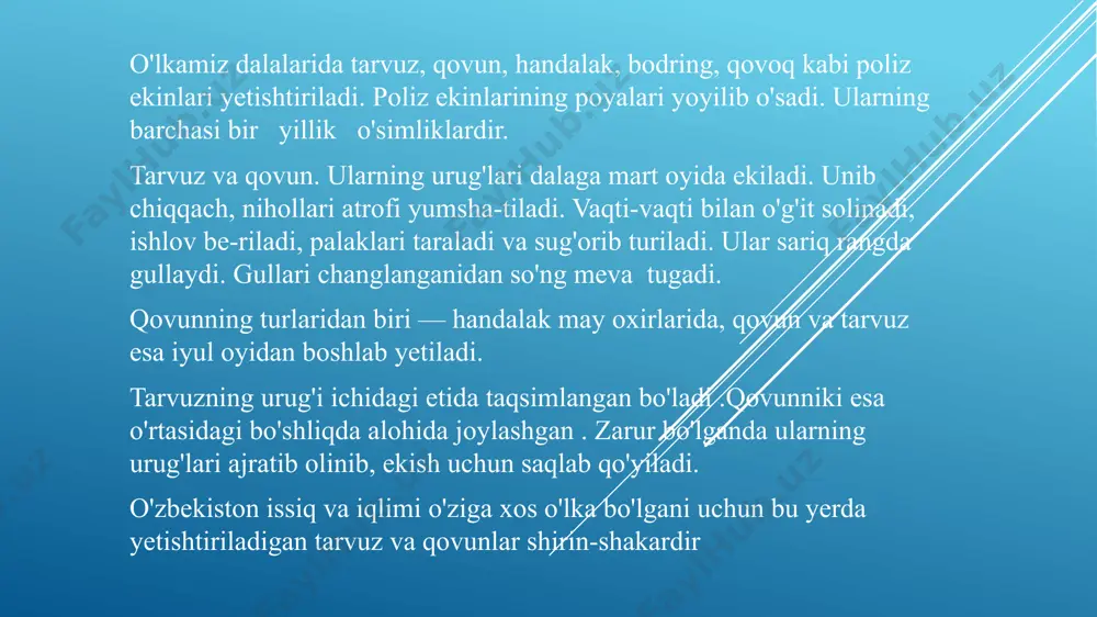 avgust — sen i oylarida uzib olinadi. qovoqning urug'i eti o'rtasi* bo'shliqda joylashgan bo'ladi. amaliy ish tarvuz, qovun va qovoqni kesib, ularning po'sti, et urug'larini ko'rib chiqing. tarvuz, qovun va qovoq urug'larini dokaga in bankadagi suvga solib qo'ying. unib, ko'karib chiqqan tarvuz, qovun va qovoq o'hiii larining qismlarini ko'rib chiqing. ko'karib chiqqan o'simliklarni tuproq solingan tuvi o'tqazing, parvarish qiling va o'sishini kuzatib hoi mevali daraxt va butalar o'lkamiz bog'larida olma, nok, shaftoli, o'rik, olxo'ri, olcha, gilos, behi kabi mevali daraxtlar parvarish qilinadi. erta bahorda kunlar iliy boshlashi bilan daraxtlar kurtak chiqarib, gullay bosh-lay di. may oyi boshida gilos, may oxiri va iyun oyi boshida o'rik hamda ertangi olma mevalari pishadi. iyun oyida olcha, shaftoli, olxo'ri mevalari ham birin-ketin pisha boshlaydi. iyul va avgust oylarida nok va olma mevalari pishadi. behi sentabr va oktabr oylarida yetiladi. o'lkamizda mevali butalardan anor, anjir, malina va qorag'at madaniy o'simlik sifatida yetishtiriladi .anor va anjir …