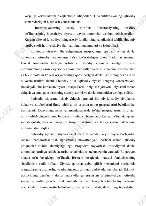 arajasini saqlab qolish, narxlar darajasini barqarorlashtirish va tashqi savdo balansining muvozanatini saqlash. iqtisodiy siyosat natijalari faqat ma’lum vaqtdan keyin paydo bo’lganligi sababli, barqarorlashtirish siyosatining muvaffaqiyatli bo’lishi uchun iqtisodiy prognozlar muhim ahamiyatga ega. prognozni tayyorlash iqtisodiyotni davlat tomonidan tartibga solish dasturini ishlab chiqish uchun zamin yaratadi. bu jarayon odatda to’rt bosqichga bo’linadi. birinchi bosqichda maqsad funktsiyasining shakllanishi sodir bo’ladi. siyosiy qarorlar qabul qilish mexanizmi yordamida maqsadlarning ustuvorligi va ularning orzu qilingan qadriyatlari aniqlanadi. ikkinchi bosqichning vazifasi - dastur maqsadlariga erishishni ta’minlaydigan iqtisodiy siyosat variantlari paketini shakllantirish. uchinchi bosqichda barcha loyihalarning resurs bilan ta’minlanishi baholanadi, byudjetlar tuziladi, dasturning bajarilishini boshqarish va nazorat qilish tizimlari aniqlanadi. to’rtinchi bosqichda dastur variantlaridan birini tanlashni optimallashtirish uchun mezon tuziladi. davlat tomonidan tartibga solishning yo’nalishlari, shakllari, usullari va mexanizmi o’zgarishsiz qolmaydi. davlat tomonidan tartibga solish ko’lami, uning o’ziga xos shakllari, usullari mamlakatlar bo’yicha sezilarli darajada farq qiladi. ularda tarix, urf -odatlar, milliy madaniyat turi, mamlakat miqyosi, geosiyosiy …