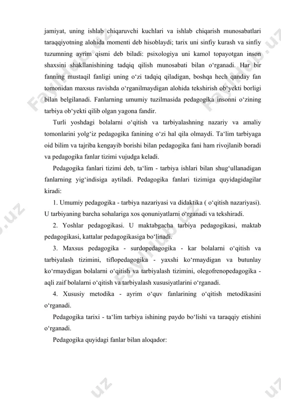yaxshi ko‘rmaydigan va butunlay ko‘rmaydigan bolalarni o‘qitish va tarbiyalash tizimini, olegofrenopedagogika - aqli zaif bolalarni o‘qitish va tarbiyalash xususiyatlarini o‘rganadi. 4. xususiy metodika - ayrim o‘quv fanlarining o‘qitish metodikasini o‘rganadi. pedagogika tarixi - ta‘lim tarbiya ishining paydo bo‘lishi va taraqqiy etishini o‘rganadi. pedagogika quyidagi fanlar bilan aloqador: 1. pedagogika tarixi bilan bog‘liqdir. pedagogika nazariyasini chuqurroq anglash uchun pedagogik tajriba va pedagogik fikrlarning o‘tmishdagi taraqqiysini bilish kerak bo‘ladi. 2. pedagogika psixologiya va boshqalar psixologiyasi fani bilan chambarchas bog‘liq. psixologiya inson psixologiyasining taraqqiy etishini o‘rganadi, pedagogika esa inson kamol topishining asosiy faktori sifatida tarbiyani o‘rganadi. pedagogikaning psixologiya bilan aloqasining uch yo‘lini ko‘rsatish mumkin: a) psixologik tadqiqotlarning xulosalaridan foydalanish, psixologiya ma‘lumotlari asosida ta‘lim - tarbiya vositalarini tanlab olish va tavsiya qilish. masalan, psixologlar turli yoshdagi bolalarda sezish va idrok etishning rivojlanishini tekshiradilar. pedagogika bundan bolalarni sensor tarbiyalashda, ularning sezgi organlari faoliyatini takomillashtirishda, har tomonlama kuzatuvchanlikni o‘stirishda eng yaxshi muvaffaqiyatlarga qanday qilib erishish haqida …
