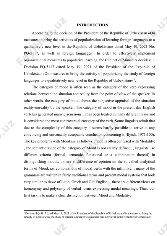s the relation of the utterance to reality-unreality as stated by the speaker. the speaker-oriented character of modality in linguistics makes it different from modality in logic. for example: in logic the sentence “chelyabinsk is the capital of russia” is characterized by non-factual (unreal) modality as the proposition is false. in linguistics the same sentence, from the point of view of the speaker, presents the situation as a fact, hence, the type of modality is that of reality. it is important to emphasize that linguistics is not concerned with the truth or falseness of utterances, which can be proved only empirically, i.e. experimentally, and have no system of linguistic means to express them. i would like to stress once again that linguistic modality is concerned with reality-unreality as conceived by the speaker. chapter i. the category of modality 1.1. modality in logic and linguistics. it is essential to note that …