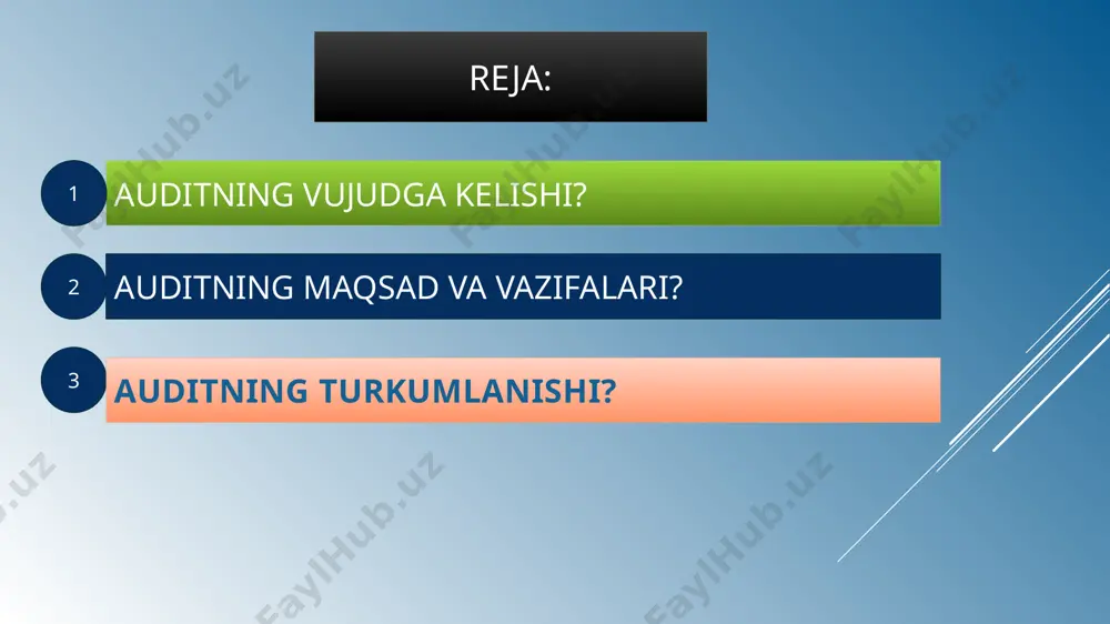 agan. “audit” tushunchasi lotincha bo’lib, “auditing” – aynan tarjimasi “u eshitayapti”, “eshituvchi” degan ma’nolarni bildiradi. auditor (lotincha «auditor» - tinglovchi, o‘quvchi) – xo‘jalik yurituvchi sub`yektning belgilangan davrdagi moliya-xo‘jalik faoliyatini tekshiruvchi shaxs. auditorlik faoliyatining rivojlanish bosqichlari tasdiqlovchi audit – bunda asosan hisob registrlari va hujjatlar tekshirildi. maqsadli sistemali audit – bu bosqichda muomala (operatsiya)larni nazorat qilish sistemasini kuzatish imkoniyati yaratildi. maqsadli sistemali audit shakllanishi bilan auditorlar ichki nazorat orqali ekspertiza o‘tkaza boshladilar. buning oqibatida shu narsa isbotlandiki, agar ichki nazorat tizimi samarali tashkil qilingan bo‘lsa, xato va kamchiliklarni aniqlash uchun muhim tekshirishlar o‘tkazishga hojat qolmaydi. tavakkalchilikka asoslangan audit - sistemani nazorat qiluvchi shaxslar tomonidan qabul qilingan boshqaruv qarorlariga baho beriladi. tavakkalchilikka asoslangan audit yoppasiga yoki tanlov yo‘li bilan o‘tkaziladigan tekshirish bo‘lib, u korxona faoliyati sharoitidan kelib chiqadi va asosan tor doiradagi obyektlarni tekshirish bilan yakunlanadi. auditorlik tashkiloti – auditorlik faoliyatini amalga oshirish uchun litsenziyaga ega yuridik shaxs. auditorlik faoliyati deganda auditorlik …