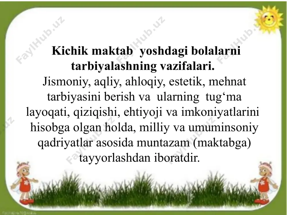 nishtirish o`yinda rollarni taqsimlash. o’yinni boshqarish o`yinni yakunlash harakatli o`yinlarni o`tkazish metodikasi o`yinda bolalarni tashkil etish. o'yin maydonida belgilar qo'yish, qo'llanmalar va jihozlarni tayyorlash. o'yin uchun to'plash 1-2 min. o`yinni boshlash («landi, landi o'yin bo'shlandi! ») topishmoq aytish yorqin rasmni namoyish qilish so’z, bubenni urish, qo'ng'iroq, bayroq to'lqini, hushtak. musiqa chalayotgan paytda bolalarga qolgan qismini to'plashni buyurish «aylanadigan arqon ostida yugura oladiganlar o'ynaydi. niqobli qalpoq kiyish… o'yinni tushuntirish rejasi o'yin nomi o'yin maqsadi o'yin jarayoni o'yinchilarning roli va ularning bolalar maydonchasidagi joylashuvi, o'yin qoidalari o'yinni tushuntirish namoyish bilan birga bo'lishi kerak. o'yin uchun joy tayyorlash: - birinchi navbatda, bolalar maydonchasini tozalash; - inventar - jixozlarni tayyorlash: kerakli o`yin qurollari oldindan o'ylab, tayyorlaymiz, tanlov pedagogik maqsadga muvofiqligi asosida amalga oshiriladi; - maydonchani belgilash: o'yin maydonchasida biz oldindan yorqin belgilar qo'yamiz, to'siqlardan (devorlar, daraxtlar) 3 metr masofada chegara chiziqlarini belgilab olamiz: o'yinchilarni joylashtirish: o'yinchilarni boshlovchini aniq ko'rish va eshitishlari uchun shunday joyga …