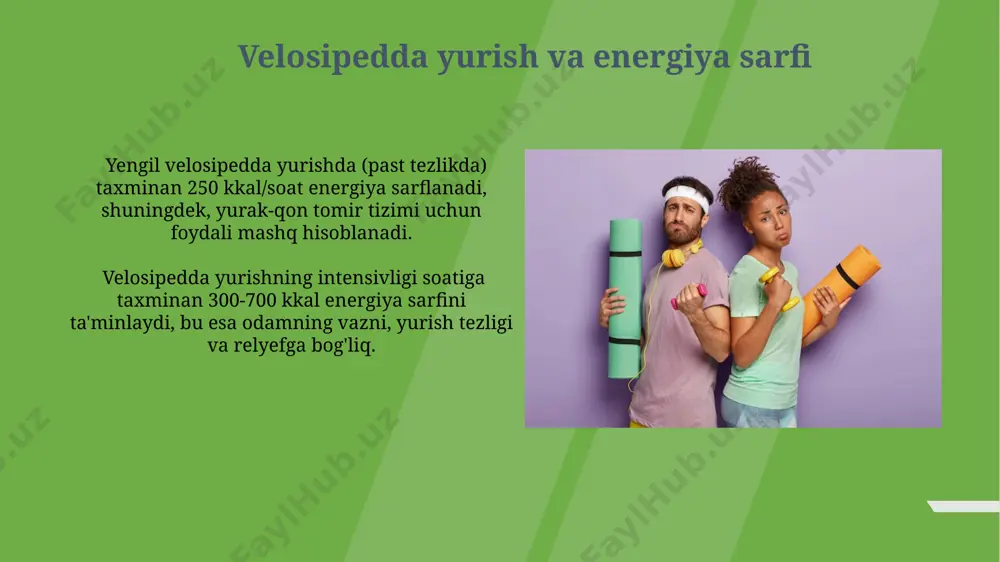 ni ta'minlaydi va bo'g'imlarga kamroq yuk tushishini ta'minlaydi. jismoniy mashqlarning intensivligi energiya sarfini sezilarli darajada oshiradi; masalan, yugurish 1 soatda taxminan 400-700 kkal energiya sarfini ta'minlaydi. yugurish va energiya sarfi yugurish tezligiga qarab energiya sarfi sezilarli darajada o'zgaradi: 8 km/soat tezlikda yugurish taxminan 700 kkal, 12 km/soat esa 1000 kkal dan ortiq energiya sarfini ta'minlaydi. yugurish paytida tana og'irligi muhim omil hisoblanadi. o'rtacha vazndagi odamga nisbatan og'irroq kishilar ko'proq, yengilroq kishilar esa kamroq energiya sarflaydilar. yoga va energiya sarfi суннатли йога машғулотларида ўртача соатига 200-300 ккал энергия сарфланади, бу югуриш ёки велосипедда юриш каби баъзи кардио машқлари билан тенглаштирилади. виньяса йогаси каби динамик йога турлари соатига 300-400 ккал гача энергия сарфлаши мумкин, бу юқори интенсивликдаги интервал машқларига яқин. turli xil mashqlarning energiya sarfi suzish, yuqori intensivlikdagi mashq bo'lib, 1 soatda taxminan 500-800 kkal energiya yoqishga yordam beradi, bu esa tana mushaklarining katta qismini faol ishlatish bilan bog'liq. yugurish, velosipedda yurish …