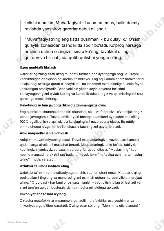 ning sifati uzoq muddatli fikrlash qobiliyatingizga bog‘liq. treysi kechiktirilgan qoniqishning kuchini taʼkidlaydi. eng aqlli odamlar o‘z harakatlarini kelajakdagi taʼsiriga qarab o‘lchaydilar - bu intizomni talab qiladigan, lekin foyda keltiradigan amaliyotdir. besh yoki o‘n yildan keyin qayerda bo‘lishni xohlayotganingizni o‘ylab ko‘ring va kundalik odatlaringiz va qarorlaringizni shu qarashga moslashtiring. hayotingiz uchun javobgarlikni o‘z zimmangizga oling eng qudratli tushunchalardan biri shundaki, siz - va faqat siz - o‘z natijalaringiz uchun javobgarsiz. tashqi omillar yoki boshqa odamlarni ayblashni bas qiling. 100% egalik qilish orqali siz o‘z kelajagingizni nazorat qila olasiz. bu oddiy, ammo chuqur o‘zgarish bo‘lib, shaxsiy kuchingizni qaytarib oladi. aniq maqsadlar ishlab chiqish aniqlik - muvaffaqiyatning asosi. treysi maqsadlaringizni yozib, ularni amaliy qadamlarga ajratishni maslahat beradi. maqsadlaringiz aniq bo‘lsa, tabiiyki, kuchingizni jamlaysiz va yaxshiroq qarorlar qabul qilasiz. "moslashing" kabi noaniq maqsad harakatni rag‘batlantirmaydi, lekin "haftasiga uch marta mashq qiling" impuls yaratadi. uzluksiz taʼlimda ishtirok eting uzluksiz taʼlim - bu muvaffaqiyatga erishish uchun …