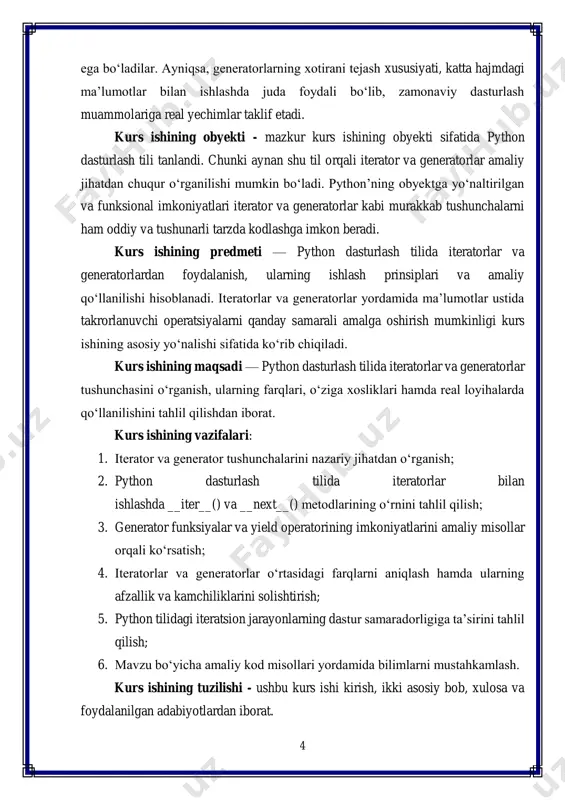 beradigan vosita sanaladi. python dasturlash tilida iteratorlar ichki mexanizm sifatida keng qo‘llaniladi va ular orqali har xil turdagi ma’lumotlar ustida samarali va boshqariladigan iteratsiya amalga oshiriladi. iterator bu — o‘z ichida __iter__() va __next__() metodlarini mujassamlashtirgan obyekt bo‘lib, u har gal next()funksiyasi chaqirilganda navbatdagi elementni qaytaradi va bu jarayon elementlar tugagunicha davom etadi. tugaganidan so‘ng esa stopiteration nomli istisno (xato) yuzaga keladi. shu xususiyatlari tufayli iteratorlar ayniqsa katta hajmdagi ma’lumotlar bilan ishlaganda samarali xatti- harakatni ta’minlaydi. iteratorlar — bu dasturlashda ma’lumotlar to‘plamini (list, tuple, set, dict, string va boshqalar) ketma-ketlikda birma-bir ko‘rib chiqishga imkon beruvchi muhim tushunchadir. ular orqali har bir elementni alohida tartibda boshqarish, katta hajmdagi ma’lumotlarni samarali boshqarish va ularni resurslarni tejagan holda ko‘rib chiqish mumkin bo‘ladi. ayniqsa, python tilida __iter__() va __next__() metodlari yordamida iterator obyektlarining qanday ishlashi aniqlanadi va bu funksionallik dasturchilarga o‘z sinflarini ham iteratsiyalanadigan qilish imkonini beradi. iteratorlardan foydalanish — bu nafaqat sintaktik soddalik, …
