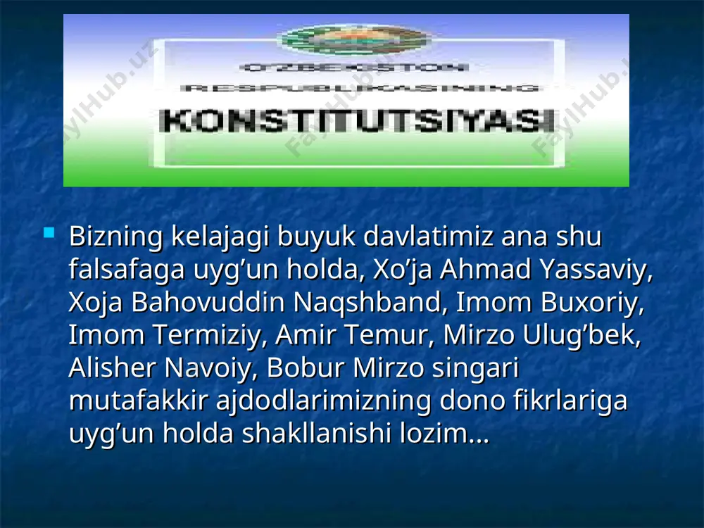 tiboringizni tortishni istardik. huquqiy davlatchilikni, demokratiyani shakllantirishda qonun, qonunchilikning ustunligi haqida gapirar ekanmiz, o’tmishimizdagi bor eng yaxshi narsalarning hammasidan foydalanishimiz darkor. chunonchi, buyuk bobokalonimiz amir temur hukmronligi davrlarida qonun eng hurmatli o’rinda turgani ma’lum. shunday qilib, huquqiy davlat va fuqarolik jamiyatini barpo etish murakkab vazifa, lekin insonning qo’lidan keladigan ish. huquqiy davlat, fuqarolik jamiyati - oddiy xayolparastlik emas, balki real voqelikdir. bu erda so’z qonun va adolat hukmronlik qiladigan, inson, uning hayoti, huquqlari va erkinliklari eng buyuk qadriyat bo’lgan jamiyatni tashkil etish haqida borayapti. o’zbekiston respublikasi vazirlar mahkamasining raisi hisoblanadi. prezident hokimiyati - milliy mustaqillik va hududiy yaxlitlikning, xalqaro shartnomalar va bitimlarga rioya etilishining kafolatidir. u respublika aso-siy qonuni talablarining bajarilishini hamda fuqarolik jamiyatining normal ishlab turishini ta’minlaydi. joylarda boshqaruv tizimi qayta tashkil etilmokda - viloyatlar, tumanlar va shaharlarda hokimlik tuzilmasi ta’-sis etildi. uning zarurligi oliy majlisning birinchi ses-siyasida prezidentimiz tomonidan shunday asoslab berilgan: «eski, qotib qolgan tizim bilan yangi …