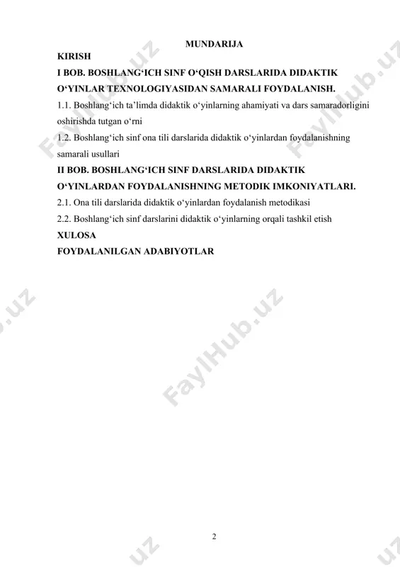 sullar va ayniqsa didaktik materiallardan unumli foydalanish muhim ahamiyat kasb etadi. didaktik materiallar o‘quvchilarda tilga nisbatan qiziqishni oshirish, ularning fikrlash doirasini kengaytirish, mustaqil ishlashga yo‘naltirish, til qoidalarini chuqurroq anglash va amaliy qo‘llash ko‘nikmalarini shakllantirishda samarali vosita bo‘lib xizmat qiladi. ona tili darslarida foydalaniladigan didaktik vositalar — kartochkalar, jadval va sxemalar, interaktiv topshiriqlar, audio-video materiallar va boshqa ko‘rgazmali vositalar orqali o‘quv jarayoni yanada jonli va mazmunli bo‘ladi. mazkur kurs ishi aynan ona tilini o‘qitishda didaktik materiallardan foydalanishning nazariy asoslari va amaliy imkoniyatlarini tahlil qilishga qaratilgan. ish davomida didaktik materiallarning turlari, ularning darsdagi o‘rni, o‘quvchilarga ta’siri, samaradorlik darajasi hamda ular orqali til ko‘nikmalarini rivojlantirish usullari yoritiladi. didaktik o‘yinlar o‘quvchilarning ma’naviy va axloqiy kamolotida, ularning barkamol inson bo‘lib kamol topishida ulkan tarbiyaviy ta’sir qudratiga egadir. didaktik o‘yinlar davomida bolalar jamoa bo‘lib ishlashga, birgalikda ijod qilishga, hamkorlikda ishlashga va mustaqil ishlashga o‘rganadilar. bu jarayonda o‘quvchilarda intizomlilik, inoqlik va o‘z navbatda erkin fikr yurita olishlari …