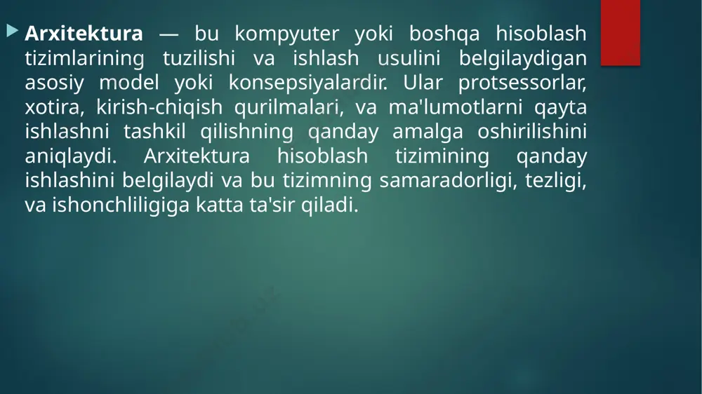 rlar qurila boshladi. muhim elementlar: bitta xotira: dastur kodi va ma'lumotlar bir joyda saqlanadi. umumiy shina: protsessor, xotira va kirish-chiqish qurilmalari bitta umumiy yo‘lak orqali bog‘lanadi. afzalliklari: oson dasturlash va umumiy tizimlar uchun mos. kamchiliklari: von neumann bottle neck: protsessor va xotira o‘rtasidagi umumiy yo‘lakda tarmoq hosil bo‘lishi mumkin, bu tizimning ishlash tezligini pasaytiradi. harvard arxitekturasi (1940-yillar): harvard arxitekturasi dastur kodi va ma'lumotlar uchun alohida xotira va shinalardan foydalanadigan model hisoblanadi. ushbu arxitektura harvard mark i kompyuterida birinchi marta qo‘llanilgan bo‘lib, dastur kodini va ma'lumotlarni bir-biriga aralashtirmasdan alohida boshqarish imkoniyatini beradi. harvard arxitekturasi tarixi: 1944-yil: harvard mark i kompyuteri ishlab chiqiladi. 1940-1950-yillar: ko‘plab ilmiy hisoblash tizimlari harvard arxitekturasidan foydalandi. muhim elementlar: alohida xotira: dastur kodi va ma'lumotlar uchun ikki xil xotira ishlatiladi. alohida shinalar: kod va ma'lumotlar alohida shinalar orqali protsessorga yetkaziladi. afzalliklari: protsessor dastur kodi va ma'lumotlarni bir vaqtning o‘zida qayta ishlashi mumkin, bu esa tezlikni oshiradi. kamchiliklari: arxitektura …