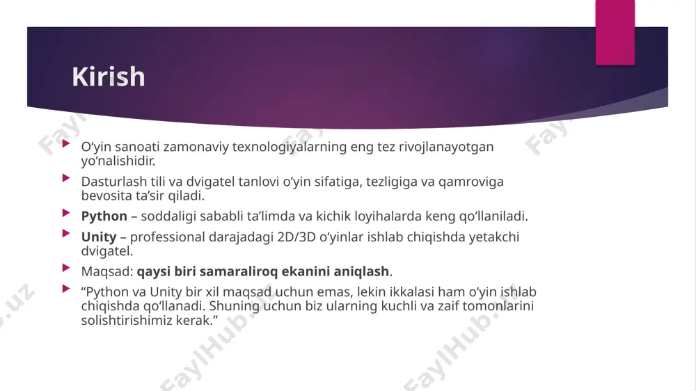 ik jihatlari tezlik: python → sekinroq, ko‘proq cpuga bog‘liq. unity → gpu bilan optimizatsiya kuchli, tez ishlaydi. grafika: python → 2d darajasida. unity → 2d, 3d, vr/ar, fizik effektlar. platformalar: python → asosan desktop (windows/linux). unity → android, ios, pc, konsol, vr. hamjamiyat: python → o‘quvchilar va hobbi dasturchilar. unity → professional ishlab chiquvchilar, yirik studiyalar. “shunday qilib, python oddiy o‘yinlarga yaxshi, unity esa katta bozor va professional darajadagi o‘yinlarga samaraliroq.” amaliy misollar python (pygame): snake, tetris, space invaders kabi o‘yinlar. oddiy va tez o‘rganish uchun. unity: pubg mobile, monument valley, among us, call of duty mobile. katta grafik, multiplayer va tijoriy muvaffaqiyat. “bu yerda farq aniq ko‘rinadi – python ko‘proq o‘quv loyihalar uchun ishlatiladi, unity esa real bozor o‘yinlarini yaratishda ishlatiladi.” taqqoslash jadvali mezoni python o‘yinlari unity o‘yinlari tezlik sekinroq, optimizatsiya past tez, gpu optimizatsiyasi kuchli grafika oddiy 2d kuchli 2d/3d, vr/ar o‘rganish juda oson, yangi boshlovchilar uchun biroz …