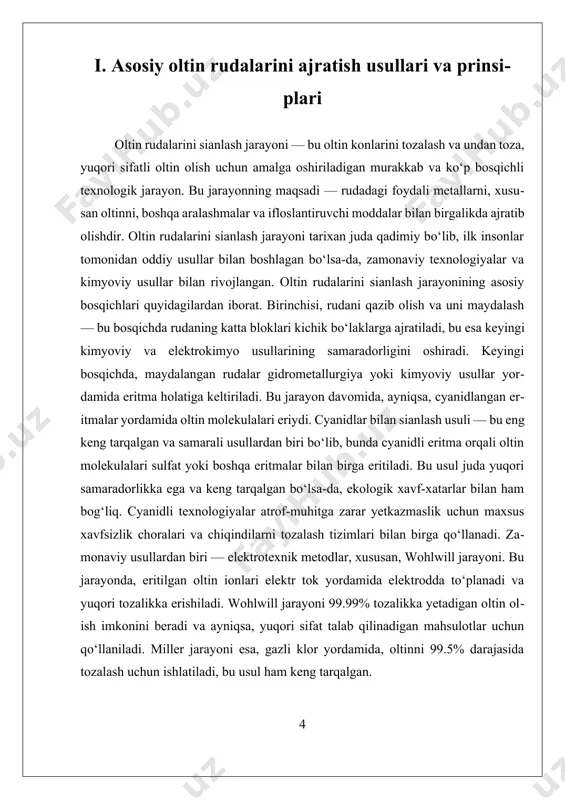 aradorligi va xavfsizligini yanada oshirishga imkon yaratadi. shu bilan birga, ekologik muhofaza va iqtisodiy samaradorlikni birgalikda ta’minlash uchun, yangi texnologiyalar va yondashuvlar ishlab chiqilmoqda. xulosa qilib aytganda, oltin rudalarini sianlash jarayoni — bu kimyo, metallurgiya va ekologiya sohalarining integratsiyasidan kelib chiqadigan murakkab va doim rivojlanayotgan jarayon bo‘lib, uning asosiy maqsadi — yuqori sifatli oltinni samarali va ekologik xavfsiz usullar bilan olishdir. bu jarayonni takomillashtirish va ekologik muhofaza qilish bo‘yicha izlanishlar davom etmoqda va kelajakda yanada samarali, barqaror va xavfsizlikka qaratilgan texnologiyalar ishlab chiqilishi kutilmoqda. ii. kimyoviy va elektrotexnik usullarning amaliy qo‘llanilishi kimyoviy va elektrotexnik usullarning amaliy qo‘llanilishi oltin rudalarini sianlash jarayonida muhim ahamiyat kasb etadi. bu usullar yordamida ruda tarkibidagi qimmatbaho metallni, xususan, oltinni, ajratib olish va tozalash jarayoni yanada samarali va ekologik jihatdan xavfsiz bo‘lishi mumkin. kimyoviy usullar va elektrotexnik texnologiyalar o‘rtasidagi farq va ularning amaliy qo‘llanishi, shuningdek, ularning zamonaviy metallurgiya ishlab chiqarishidagi roli keng muhokama qilinmoqda. kimyoviy usullarga …