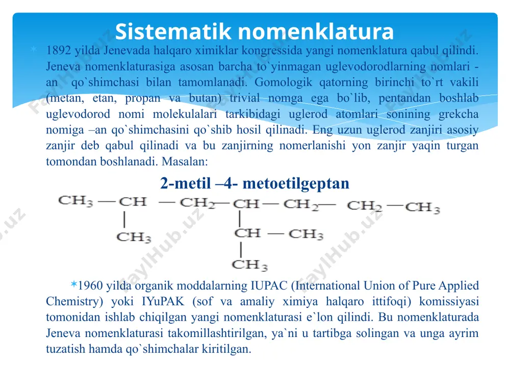alkanlarga izоmеrlanadi. alkan mоlеkulasida uglеrоd atоmlarining sоni qancha ko‘p bo‘lsa, izоmеrlanish shuncha оsоn bоradi. masalan, 100оc da alcl3 ishtirоkida n-pеntan izоpеntanga aylanadi. 1867-yilda a.m.butlerov alkanlarda izomerlanish butandan boshlanishi va butannig 2 ta izomeri borligini taxmin qilib, izobutanni sintez qilgan to’yingan uglevodorodlarning ishlatilishi. to’yingan uglevodorodlar arzon sanoat xom ashyosi bo’lib, ular kimyo sanoatida turli birikmalarni olishda keng qo’llaniladi. bular orasida metanning ahamiyati g’oyat kattadir. etan, propan, butan va pentanlar sanoatda etilen va diyen uglevodorodlarini olishda ishglatiladi. suyuq uglevodorodlardan motor yoqilg’isi sifatida foydalaniladi. bular orasida izooktan – 2,2,4-trimetilpentanning ahamiyati katta. uning oktan soni 100 ga teng. sanoatda izooktan izobutilenga izobutanni katalizator ishtirokida biriktirib olinadi. katta molekulyar massaga ega bo’lgan alkanlar texnikada dizel yoqilg’isi sifatida, surkov moylari sifatida ishlatiladi. image2.png image3.png image4.png image5.png image6.png image7.png image8.png image9.png image10.png image11.png image12.png image13.png image14.png image15.png image16.png image17.png image18.png image19.png image20.png image21.png image22.png image23.png image24.wmf image25.png image26.png image27.png image28.png image29.png image30.png image31.png image32.png image33.png image34.png image35.png …