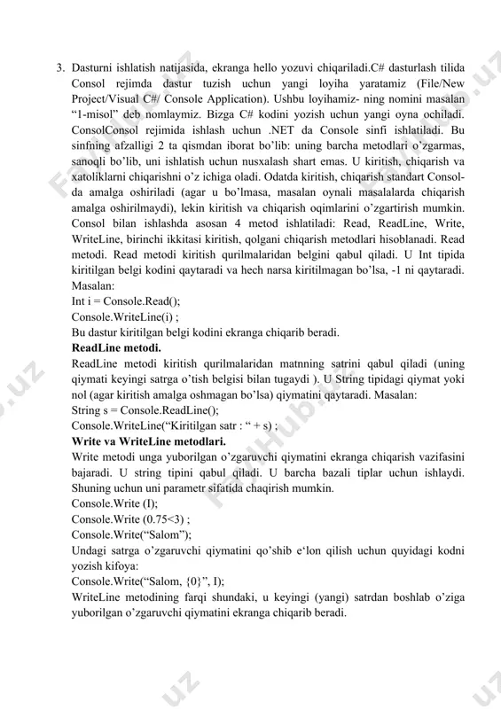 lar va nomlar. quyidagi ro’yxatda c# tilining kalit so’zlari va nomlari berilgan bo’lib, dastur tuzilishi paytida ularni boshqa maqsadda ishlatish (masalan o’zgaruvchi nomini inisializatsiya qilishda) mumkin emas. c# tilida boshqa tillarda bo’lgani kabi dasturning har bir qismiga izoh yozish mumkin. bu izohlar dastur kompilatsiyasida ishtirok etmaydi va dastur ishiga hech qanday ta’sir ko’rsatmaydi. c# da izoh yozish uchun /* */, // belgilaridan foydalanish mumkin. // belgisi shu belgidan keyin to shu satr oxirigacha bo’lgan barcha belgilarni izoh sifatida qabul qiladi. /* */ bu orqali istalgan qismni izohga olish mumkin. literallar. c# tilida 5 xil literal mavjud ; · butun tipli literal · haqiqiy tipli literal · belgili literal · satr tipli literal · mantiqiy tipli literal literallar – bu tilning maxsus tushunchasidir. har bir literallar to’plami uchun butun tipli literallar: 5, 7, 8, -12, 234 · haqiqiy tipli literallar: 3.6, -56.8, 0.9 · belgili literallar: ‘a’, ‘b’, ‘?’, · satr …