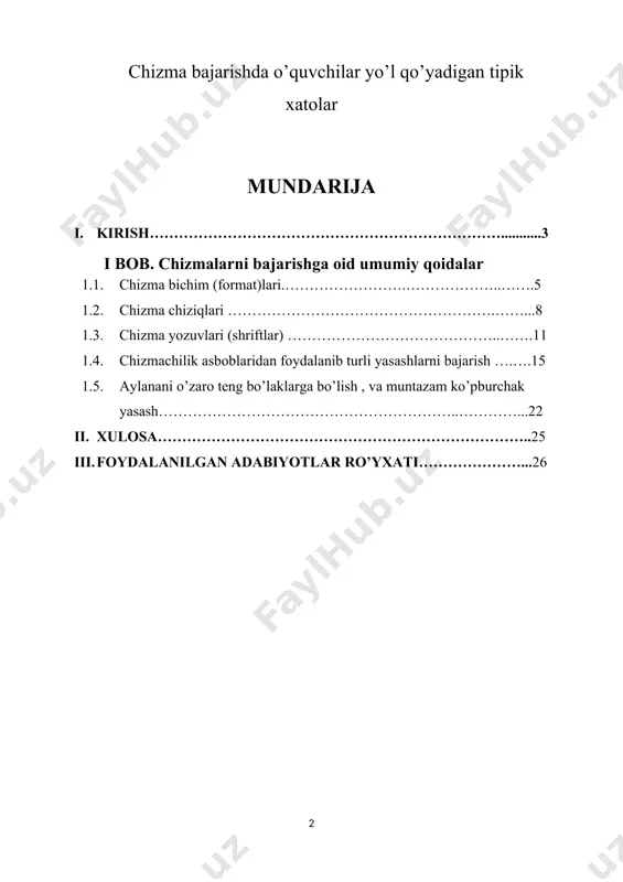 a mashinasozlik, texnikada yoki bo’lmasa kundalik hayotda ishlatadigan barcha buyumlarimiz chizmalar asosida yaraladi. jahonda ishlab chiqariladigan barcha texnika va mashina faqat chizmalar asosida yaraladi.chizma bu muxandisning g’oya va fikrlarini ifodalovchi hujjat hisoblanadi. chizma chizish murakkab jarayon hisoblanadi, chizuvchidan sabr toqat va qunt bilan ishlashni talab qiladi. chizmaning sifati chizuvchining qo‘l sezgisiga bog‘liq bo‘!adi. chizmalarni toza va chiroyli qilib chizishda, asosan, qo‘l sezgisi kata ahamiyatga ega. chiziladigan bir hil turdagi chiziqlar bir hil yo‘g‘onlikda, bir tekis qilib chizilishi lozim. insonda qo'i sezgisi yaxshi rivojlangan bo‘lsa, qo’liga olgan qalamni qog‘oz ustida mahorat bilan yurgiza oladi. insonning qo‘l sezgisini tekshirish uchun qalam uchi ingichka qilib chiqariladi (uchlanadi) va chizg'ich yordamida bir nechta chiziq chizish mashq qilinadi. shunda chizilgan chiziqlarning ko'pchiligi bir xil chiqsa, uning qo‘l sezgisi yaxshi rivojlangan hisoblanadi. ba'zi odamlarning qo‘l sezgisi nisbatan rivojlanmagan bo‘ladi. ular qalamning uchi ingichka yoki yo‘g ‘onroq uchlangandan qat'iy nazar, qalamni bir xilda bosib chizishadi. shunda ingichka …