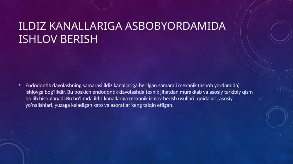 mumkin: 1. apikal-koranal - bunda kanal uch sohasidan, kanal og'zi sohasiga qarab asbob hajmi ortishi yo'nalishida kengaytiriladi. 2. koranol - apikal - bunda kanal og'zi sohasidan, ildiz uchiga qarab asbob hajmi kichrayishi hisobida kengaytiriladi. apikal-koronal usullar apikal koronal usullar, bu kanalning ishchi uzunligi aniqlangandan so'ng, asbob hajmi kichikdan to ortish yo'nalishida ildiz uch sohasidan kanal og'zi sohasiga qarab kengaytirish usulidir. bu usul sodda, asoratlar yuzaga kelish holati minimal holdadir. standart usul bu usulda kanal k- rimmer yordamida kengaytirilib, o'z ichiga quyidagi bosqichlarni oladi.birinchi bosqich- ildiz kanalini o'tish va ishchi uzunlikni aniqlash. ildiz kanali fiziologik uch sohasigacha ingichka k - rimmer yoki pasfinderlar bilan o'tiladi. ishchi uzunlik asbobdagi stoporli disklar yordamida mahkamlanadi.ikkinchi bosqich - ildiz kanalini ishchi uzunlikkacha kengaytirish.bu bosqichda kichik hajmdagi (iso bo'yicha nº10 hajmli) k- rimmer aylanma harakatlar yordamida("soat burash usuli" bo'yicha) ishchi uzunlikka kiritiladi. so'ng k-rimmer kanaldan chiqarilib, keyingi hajmdagi asbob kiritiladi(n15) (rasm 233b). shu tariqa kanal ishchi …