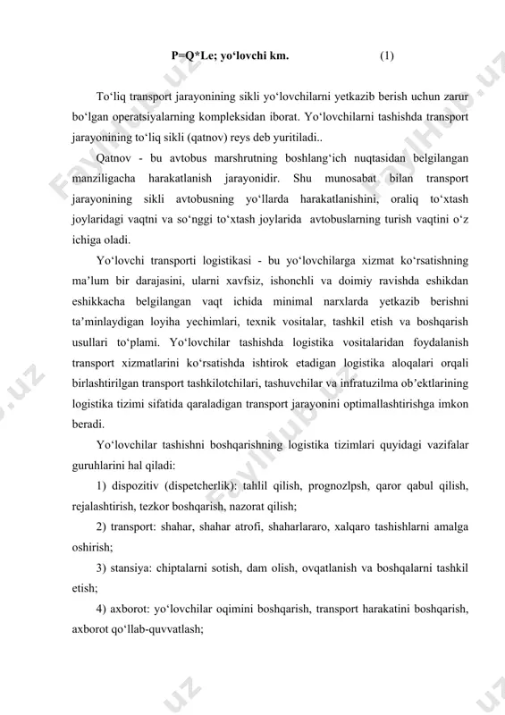 lar tashishni boshqarishning logistika tizimlari quyidagi vazifalar guruhlarini hal qiladi: 1) dispozitiv (dispetcherlik): tahlil qilish, prognozlpsh, qaror qabul qilish, rejalashtirish, tezkor boshqarish, nazorat qilish; 2) transport: shahar, shahar atrofi, shaharlararo, xalqaro tashishlarni amalga oshirish; 3) stansiya: chiptalarni sotish, dam olish, ovqatlanish va boshqalarni tashkil etish; 4) axborot: yo‘lovchilar oqimini boshqarish, transport harakatini boshqarish, axborot qo‘llab-quvvatlash; 5) maxsus: tegishli transport xizmatlarini ko‘rsatish, sug‘urta, kreditlash, moliyalashtirish va boshqalar. yo‘lovchi transporti logistik tizimi ikki guruhga – mikro va makro logistik tizimlarga bo‘linadi (2-rasm). mikrologistik tizimlarga yo‘lovchilarga transport xizmati ko‘rsatuvchi korxonalar kiradi. ular o‘zlarining taʼminoti, ishlab chiqarish va boshqaruviga ega. mikrologistik transport korxonasi o‘z ishlab chiqarish texnologiyasiga ega bo‘ladi. masalan, agar transport korxonasi transport vositalarini taʼmirlash dasturiga ega bo‘lsa, uning ichki ishlab chiqarish logistik tizimi asosiy masalalari quyidagilardan iborat bo‘ladi: 1) inson va moddiy resurslardan samarali foydalanish; 2) zaxiralarni optimallashtirish; 3) korxonada kapital aylanishini tezlashtirish; 4) tovar ishlab chiqarish va aylanishi vaqtini kamaytirish; 5) …
