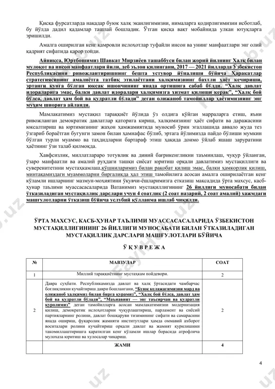 ўзбекистон мустақиллигининг 26 йиллиги муносабати билан ўтказиладиган мустақиллик дарслари машғулотлари бўйича ў қ у в р е ж а № мавзулар соат 1 миллий тараққиётнинг мустаҳкам пойдевори. 2 2 давра суҳбати. республикамизда давлат ва халқ ўртасидаги чамбарчас боғлиқликни кучайтириш даври бошлангани, “буюк келажагимизни мард ва олижаноб халқимиз билан бирга қурамиз”, “халқ бой бўлса, давлат ҳам бой ва қудратли бўлади”, “маънавият — энг таъсирчан ва қудратли қуролимиз” деган тамойилларга асосан мамлакатимизни модернизация қилиш, демократик ислоҳотларни чуқурлаштириш, парламент ва сиёсий партияларнинг ролини, давлат бошқаруви тизимининг сифати ва самарасини янада ошириш, фуқаролик жамияти институтлари ҳамда оммавий ахборот воситалари ролини кучайтириш орқали давлат ва жамият қурилишини такомиллаштиришга қаратилган кенг кўламли ишлар борасида атрофлича мулохаза юритиш ва хулосалар чиқариш. 2 жами 4 мавзу: миллий тараққиётнинг мустаҳкам пойдевори режа: 1. буюк ва бебаҳо неъмат. 2. буюк келажагимизни мард ва олижаноб халқимиз билан бирга қурамиз. 3. халқ бой бўлса, давлат ҳам бой ва қудратли бўлади. 4. маънавият …