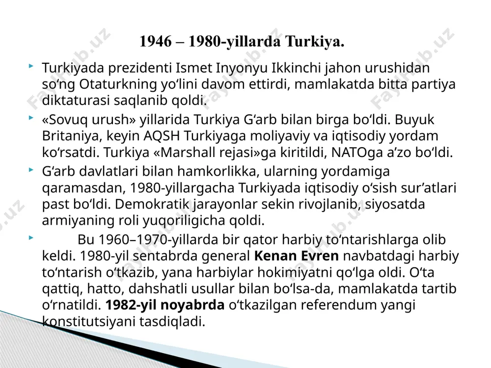 n harakat qilib kelmoqda. turkiyaning iqtisodiy va siyosiy jihatdan yevropa bilan bog‘langanligi, natoning a’zosi bo‘lganligiga qaramay,hali yevropa ittifoqiga qabul qilinmadi. eron 1940-70-yillarda. 1946-yili ingliz va sovet qo‘shinlari erondan olib chiqib ketildi. 1950-yillarning birinchi yarmida eron siyosati, asosan, mamlakat neft sanoatini natsionalizatsiya qilishga bag‘ishlandi. eron shohi muhammad rizo pahlaviy zamonaviy, o‘qimishli kishi edi. u mamlakatda korrupsiyaga qarshi, iqtisodiyotni modernizatsiya qilish uchun bir qator tadbirlarni amalga oshirdi. 1963-yil referendum o‘tkazilib, unda shoh mamlakatda islohotlar o‘tkazish taklifini kiritdi. referendumda aholi shoh takliflarini qo‘lladi. bu islohotlar umumiy nom bilan «oq inqilob» deb ataldi. «oq inqilob»ning o‘n yilida eron iqtisodiy o‘sish bo‘yicha dunyoda eng yuqori ko‘rsatkichlarga erishdi. eronning neftdan oladigan daromadi ham keskin oshdi. sanoatning mashinasozlik, stanoksozlik va boshqa sohalari jadal rivojlandi. shoh islohotlari natijasida mamlakatning zamonaviylashuvi erondagi dindor mutaassiblarni qattiq tashvishga soldi. ular shohga qarshi tashviqot olib bordi. bu tashviqot dindorlar boshchiligidagi xalq g‘alayonlariga olib keldi. oqibatda 1979-yil fevralda hukumat iste’foga chiqdi. shoh rejimi …