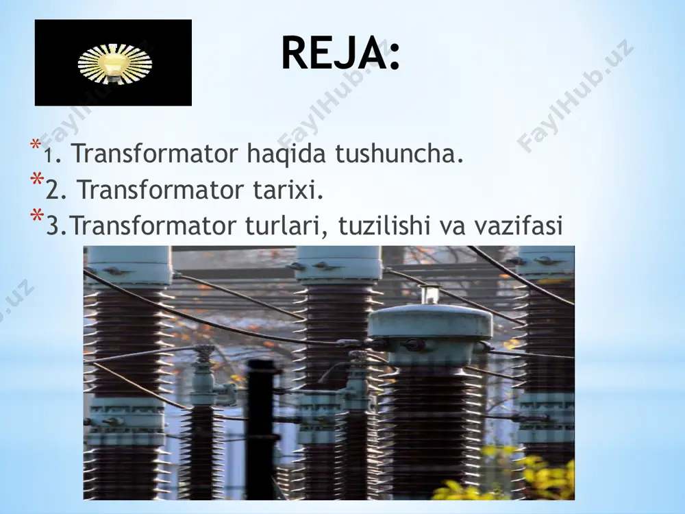 g`amining nagruzka tokidir. o`ramlar soni bilan i kuchi orasida quyidagicha munosabat bor. = yoki k = =k ya`ni transformatorning birlamchi va ikkilamchi g`altaklaridagi nagruzka toklari shu g`altaklardagi chulg`amlar soniga teskari proporsionaldir. energiyaning saqlanish va aylanish qonuniga asosan ikkilamchi zanjirdagi tokning quvvati birlamchi zanjirdagi tokning quvvatiga teng. = haqiqatda esa bu tenglik buziladi. chunki transformator ishlaganda energiyaning bir qismi uning o`ramlarini isitishga, o`zagida uyurma toklar hosil bo`lishiga, o`zakning qayta qayta magnitlanib turishiga ketadi, bu isroflar uncha ko`p bo`lmaydi. transformatorlarning fik 94-99 % ni tashkil etadi.transformator to`g`risidagi g`oya dastlab rossiyada tug`ilgan rus yorug`ligini ixtiro qilgan p.n.yablochkov maydonga tashladi. moskva universitetining assistenti i,f,usagin shu ni rivojlantirib birinchi transformatorni qurdi. 1882 yilda moskva sanoat vistavkasida namoish qilgan. transformatsiya koeffitsiyenti. k= = = agar k>1 bo’lsa kuchaytiruvchi agar k<1 bo’lsa pasaytiruvchi *= * transformator ishlab chiqarish kamaygan 21/11/2022 2022- yil yanvar-oktabr oylarida respublikamizda jami 3 557 dona transformator ishlab chiqarilgan. oʻzbekistonda transformator ishlab chiqarish hajmi …