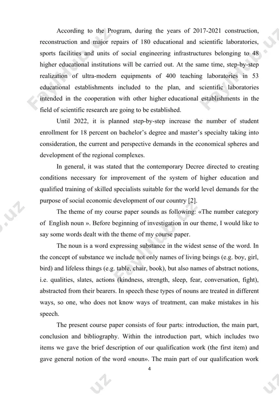 t sources. actualityof the course paper lies in the fact that the phenomenon under study has almost thoroughly been investigated. but it has not been paid attention thoroughly analyzing point of view. the aim of the course paper is to acquaint students with the analysis of the number category in the nouns and to teach them how to organize lessons on the topic. the purpose of the course work is to understand the categories of numbers in horses and to strengthen the knowledge gained in the exercises on them: the objectives of the course work are to study the category of numbers in horses, its types and a clear analysis of the number in nouns. structurally, the course work consists of introduction, three parts, conclusion and bibliography. i. brief information about english nouns the word «noun» comes from the latin nomen meaning «name». word classes like nouns were first described …