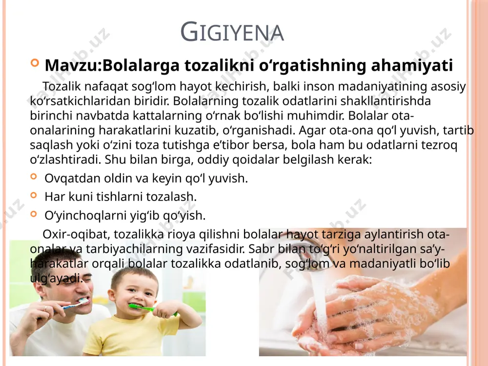 t ajratish muhim. oxirida, qo‘llarni yuvishning nafaqat o‘zimizga, balki atrofdagilarga ham foydasi borligini tushunishimiz kerak. bu oddiy odat jamiyatda kasalliklarning oldini olishda katta rol o‘ynaydi. shuning uchun qo‘llarni yuvishga e’tibor qaratish – sog‘lom hayot sari muhim qadamdir. odob ahloq mavzu:salomlashish odobi salomlashish – bu jamiyatda insonlar o‘rtasidagi muloqotning boshlanishi, hurmat va madaniyat ko‘rinishidir. bu oddiy odat insonlar orasidagi ijobiy munosabatlarni shakllantiradi va mehr-oqibatni kuchaytiradi. ayniqsa, yoshlarga salomlashish odobini o‘rgatish ularning kelajakdagi madaniyatli shaxs bo‘lib ulg‘ayishida muhim ahamiyatga ega. salomlashishning asl maqsadi – bir-birimizga yaxshi niyat va e’tibor bildirishdir. har bir millat va jamiyatda salomlashish usullari turlicha bo‘lsa-da, barcha xalqlarda bu odat hurmat va samimiyat belgisi sifatida qabul qilinadi. bizning xalqimizda esa salomlashish o‘zaro do‘stona munosabatlarning ramzi sanaladi. salomlashishda quyidagi odoblarga rioya qilish muhimdir: samimiyat bilan salom berish hurmatni ifodalash o‘z vaqtida salomlashish salomlashishning ijobiy ta’siri haqida ham unutmaslik kerak. oddiy bir salom orqali biz atrofimizdagi insonlarga mehr va hurmat ko‘rsatamiz. …