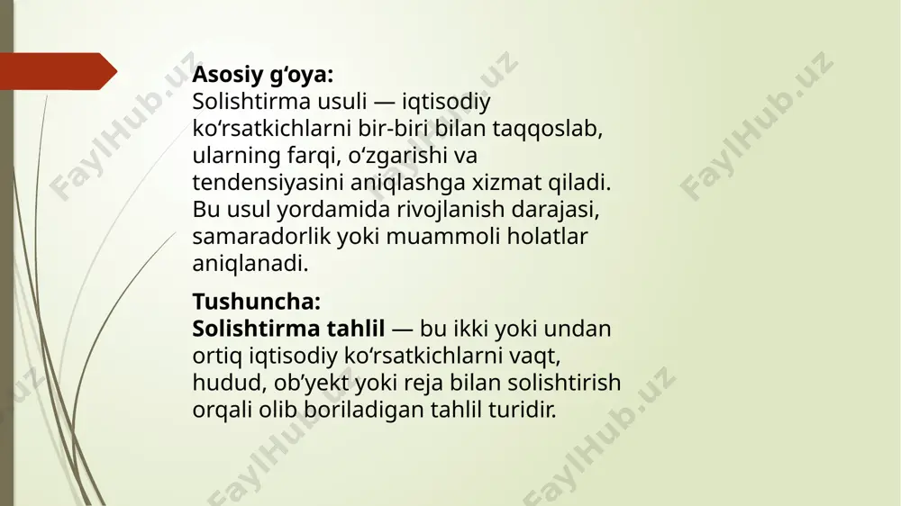 a. har bir xarajat va foyda o‘rganiladi va natijada loyihaning samaradorligi aniqlanadi. amaliyotdagi misol: infratuzilma loyihalari yoki ijtimoiy dasturlarni baholashda ishlatiladi. masalan, yo‘l qurish yoki yangi tibbiy xizmatlarni joriy etish model tahlili: qo‘llanilishi: bu metod iqtisodiy jarayonlarni modellashtirish uchun ishlatiladi. kompyuter tahlili, iqtisodiy modellardan foydalanib, turli ssenariylarni hisoblash mumkin. amaliyotdagi misol: iqtisodiy o‘sish modelini qurish, bozor talabini prognoz qilish. regressiya tahlili: qo‘llanilishi: bu metod ikki yoki undan ortiq o‘zgaruvchilar orasidagi bog‘liqlikni tahlil qilish uchun ishlatiladi. masalan, ishlab chiqarish hajmi va ish haqining o‘zgarishi o‘rtasidagi munosabatni o‘rganish. sensitivity analysis (hassoslik tahlili): qo‘llanilishi: bu metod turli parametrlar va faktorlarning iqtisodiy tizimga ta’sirini baholash uchun ishlatiladi. bu, ayniqsa, noaniqlik sharoitida qarorlar qabul qilishda foydalidir. amaliyotdagi misol: loyiha rentabelligining o‘zgarishiga ta’sir etuvchi asosiy omillarni aniqlash test savollari va javoblar: 1. ilmiy yondashuv nima? a) nazariy bilimlarni real hayotga tatbiq qilish b) real holatni va muammolarni ilmiy asosda tahlil qilish c) tadqiqotlar orqali amaliy natijalarni …