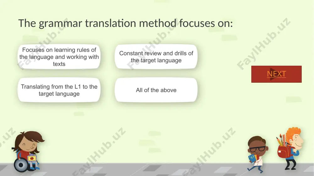 r classrooms same level classrooms none of these next deductively in gtm grammar is learnt deductively inductively and deductively neither of them next grammar in gtm, ______is taught with extensive explanations in the native language. vocabulary decreases students’ vocabulary all of the above next can be a challenge for introverted students 28 all of these what is/are drawbacks of gtm? loses correct effects of target language unnatural way no focus on speaking next can be a challenge for introverted students 29 gtm in this method grammar rules are memorized by heart, first language is used for explanation of vocabulary and textbook plays an important role tbl direct method tpr next can be a challenge for introverted students 30 gtm the teacher explained the rule of “used to” and gave 100 sentences in l1 to translate into the target language. which teaching method is it? tbl direct method tpr next can …