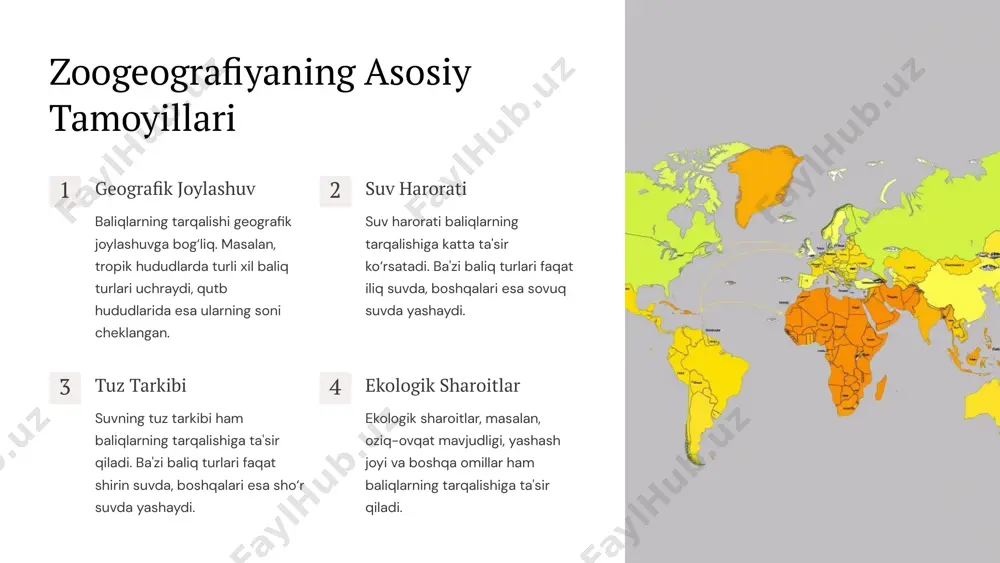 harorati, kislorod miqdori va boshqa omillar ular tarqalishiga katta ta'sir ko‘rsatadi. ayrim ichki suv havzalariga xos bo‘lgan endemik baliq turlari mavjud. 11 image2.png image1.png image3.png image4.png image5.png image6.png image7.png image8.png image9.png image10.png image11.png image12.png image13.png image14.png image15.png image16.png image17.png image18.png image19.png image20.png image21.png image22.png