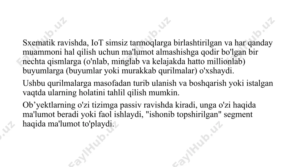rnetiga asoslangan texnologik tizimdan foydalanadi, bu avtomobilning o'zi va u harakatlanadigan yo'l haqida ma'lumotlarni uzatadi. avtomobilning mustaqil harakatiga transport, navigatsiya, tashqi muhit va boshqa ko'p narsalar to'g'risidagi ma'lumotlar avtomobilning kompyuter tizimlari tomonidan to'planishi va tahlil qilinishi tufayli erishiladi. chakana savdo buyumlar interneti chakana savdoda tobora ko'proq foydalanilmoqda. bu moslashtirilgan chegirmalarni taqdim etish, shuningdek, avtomatlashtirilgan kassa va aqlli javonlarni (sotuvchini zaxiralar tugashi haqida ogohlantirish), ish joylarini robotlashtirish va ta'minot zanjirlarini optimallashtirilgan boshqarishni amalga oshirish imkonini beradi. avtomatlashtirilgan savdo kontseptsiyasiga asoslangan amazon go do'konlar tarmog'i onlayn va an'anaviy do'konlarning xususiyatlarini birlashtiradi va narsalar internetining namunasidir. do'konlar naqd pulsiz ishlaydi; pul xaridorlarning amazon hamyonlaridan olinadi. mahsulotlar real vaqt rejimida xaridorlarning savatlariga javonlardan olib qo'yilganda qo'shiladi. telemeditsina telemeditsina sog'liqni saqlash xizmatlarini ko'rsatish uchun kompyuter va telekommunikatsiya texnologiyalaridan foydalanishni nazarda tutadi. buyumlar interneti teletibbiyotning muhim jihati hisoblanadi (iomt qisqartmasi ba'zan tibbiy narsalar internetiga murojaat qilish uchun ishlatiladi). uni qo'llash misollari masofadan tibbiy diagnostika, tibbiy tasvirlarni …