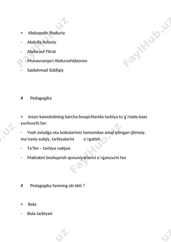 di - kuzatish, pedagogik tjriba, matematik-ststistika, og’zari - suhbat, tushintirish, ma’ruza, hikoya, pedagogik tajriba - pedagogik kuzatish, suhbat, anketa, ersprement, tajriba # pedagog so’zining ma’nosi + bola yetaklovchi - o’qituvchi - tarbiyachi - tabiyashunos # “har kim bilim olish xuquqiga ega. bepul umumiy ta’lim olish davlat tomonidan kafolatlanadi, maktab ishlari davlat nazoratidadir”. konstitutsiyaning nechanchi moddasi? + 41 modda - 40 modda - 25 modda - 29-modda # ta’lim va tarbiyaning uzviy bog‘likligi, bu jarayonning har tomonlama kamol topgan insonni shaklantirishga yunaltirilganligi ta’rifi qaysi sohaga tegishli? + ta’lim sohasidagi davlat siyosatining asosiy prinsipiga - uzluksiz ta’limning faoliyat ko‘rsatish prinsipiga - uzluksiz ta’limning isloh qilish yunalishlariga - ta’lim prinsipiga # bolalarni oilada o‘qitish va mustaqil ravishda ta’lim olishi + alohida maxsus dasturlar bo‘yicha amalga oshiriladi - tegishli ta’lim muassasalari dasturlarining nazariy qismlari bo‘yicha amalga oshiriladi - umumiy o‘rta ta’lim muassasalaridagi dastur asosida - yordamchi maktab-internatlar dastur asosida amalga oshiriladi # d.t.s qanday …