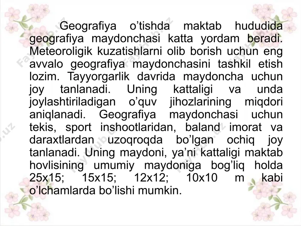 a. 3. tuproq na'munalari. 4. tog' jinslarining na'munalari. 5. kvadrat metr. 6. kub metr. 7. reper. 8. flyuge.; 9. nefoskop halqasi. 10. meteorologik budka. 11. yog'in o'lchagich. 12. qor o'lchagich chizg'ichi. 13. astrolyabiya. 14. eklimetr. 15. qutb yulduzi ko'rsatkichi. 16. rumb, azimutlar halqasi. 17. gorizontal quyosh soati. 18. ekvatorial quyosh soati. 19. yo'nalishlar doirasi. 20. gnomon. 21. mahalliy meridian va parallellar. 22. qumli yashik. 23. relyef shakllarining modeli. 24. stol va stullar. 25. sinf doskasi. 26. o'qituvchi stoli. 1. maydoncha chegarasi; 2. maydonchaga kirish joyi; 3. psixrometrik budka; 4-5. termometrlar; 6. flyuger; 7. yog'in o'lchagich; 8. qor o'lchagich. 9.nefoskop xalqasi. geografiya maydonchasidagi meteorologik o'quv jihоzlar geografiya maydonchasi uchun zarur o'quv jihozlarining miqdori va ular bilan ishlash yo'llari i.a.abdug'aniyev, v.p.golov, k.k.semakin, l.a.kuzmin, a.v.suxorukova, x.s.masudov, f.a.muminov va boshqa uslubchi-geograflarning ishlarida yoritilgan. zarur meteorologik asboblar to'plangandan so'ng maydonchani jihozlash boshlanadi. maydonchaning meteorologik sektorida meteorologik kuzatishlarni olib borish uchun quyidagi o'quv jihozlari joylashtiriladi. meteorologik …